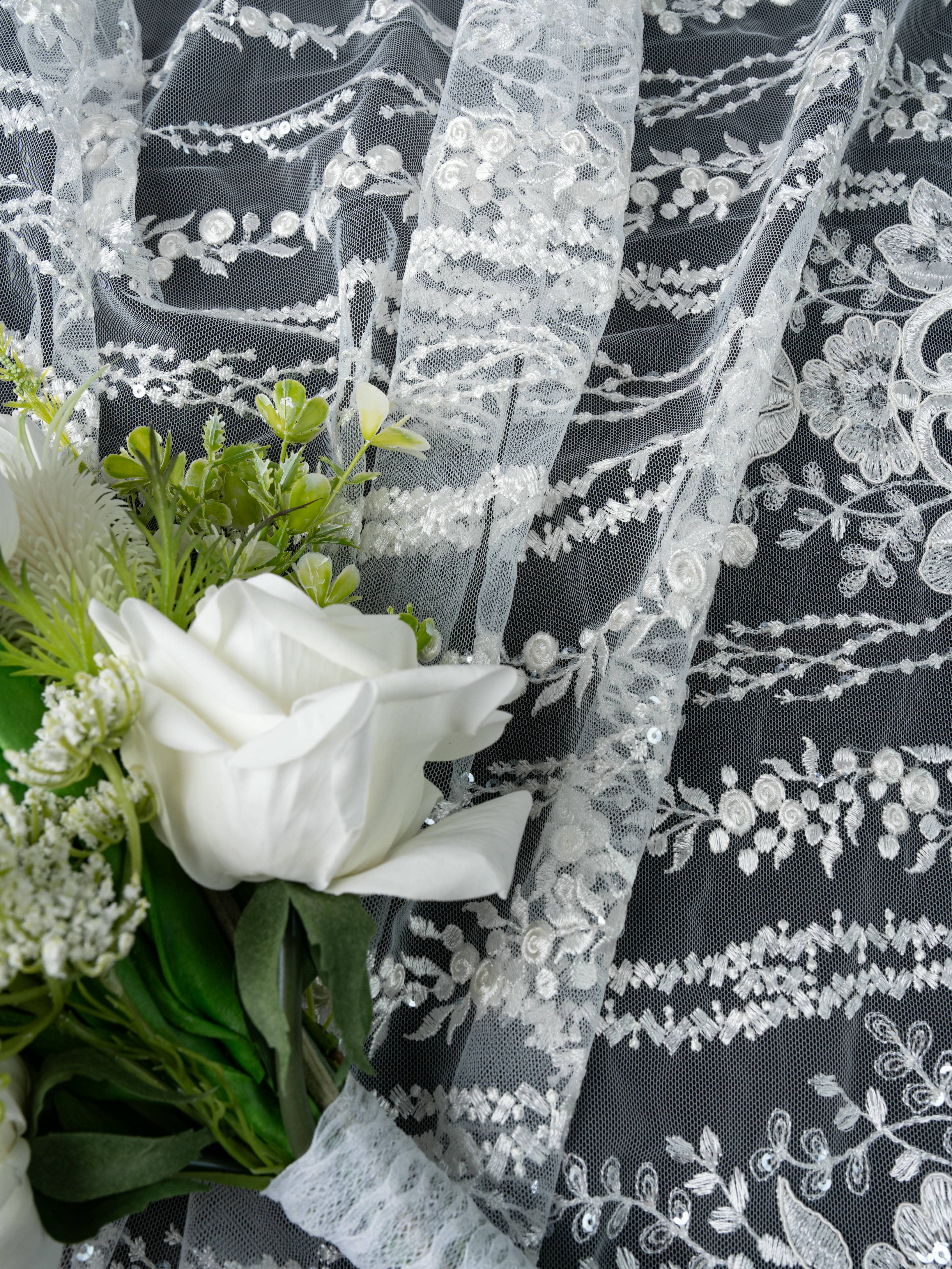 Sita Lace, sitalace, Lace Fabric, Feature Fabric, Tulle Fabric, Beaded Fabric, Sequined Fabric, Embroidery Fabric, Wedding Dress, Bridal Gown, Bridal Veil, Beads, Sequins, Feather Fabrics, Feather, 3D Flowers, Floral, Blossom Flowers, Flower Petal,