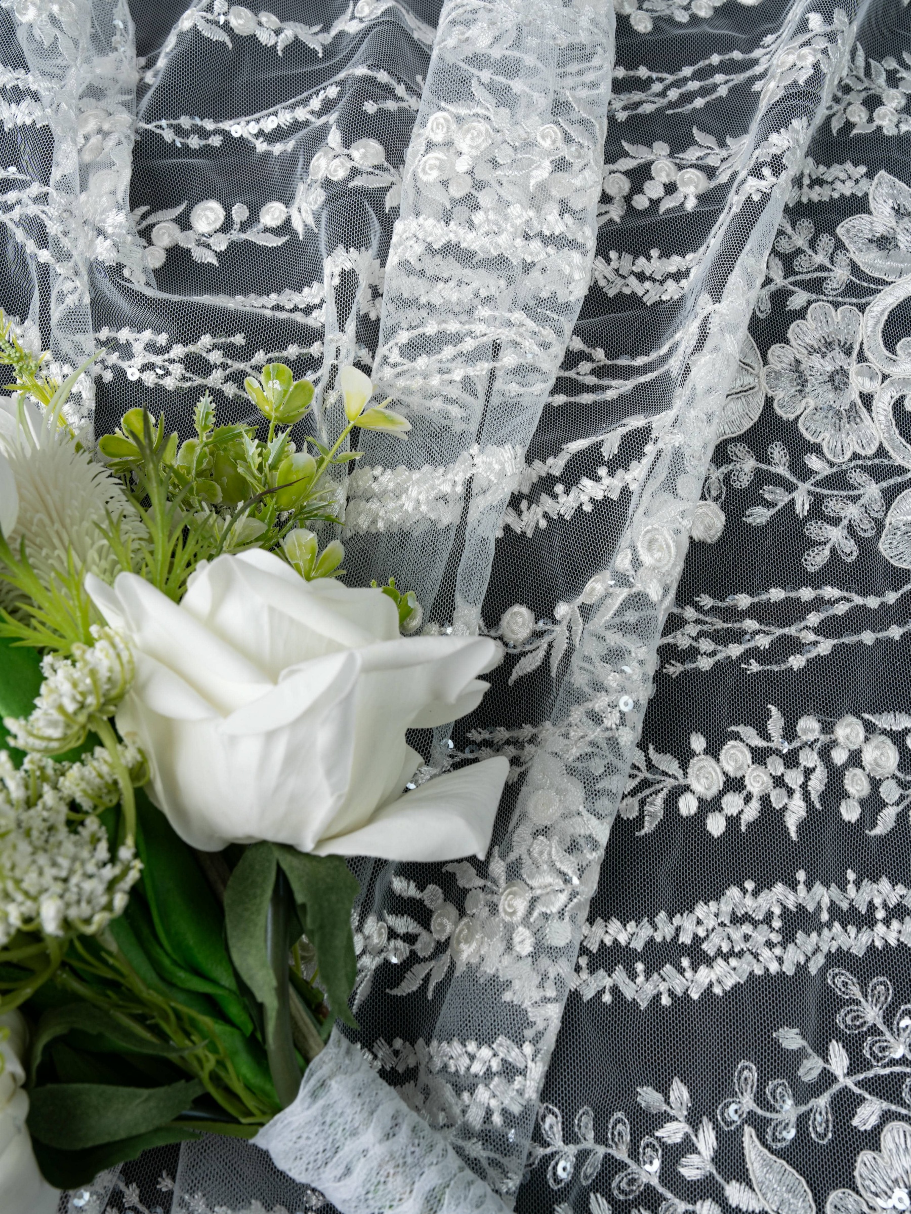 Sita Lace, sitalace, Lace Fabric, Feature Fabric, Tulle Fabric, Beaded Fabric, Sequined Fabric, Embroidery Fabric, Wedding Dress, Bridal Gown, Bridal Veil, Beads, Sequins, Feather Fabrics, Feather, 3D Flowers, Floral, Blossom Flowers, Flower Petal,