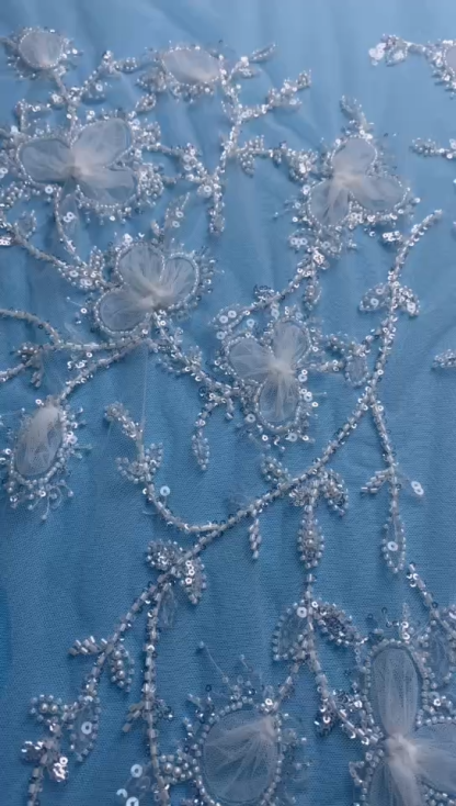 Ivory Fabric! Embellished with Sparkling Sequins, Beads & Delicate Floral Embroidery. Ideal for Wedding Dresses/Chic Evening Wear—Premium Craftsmanship, Shop Now!