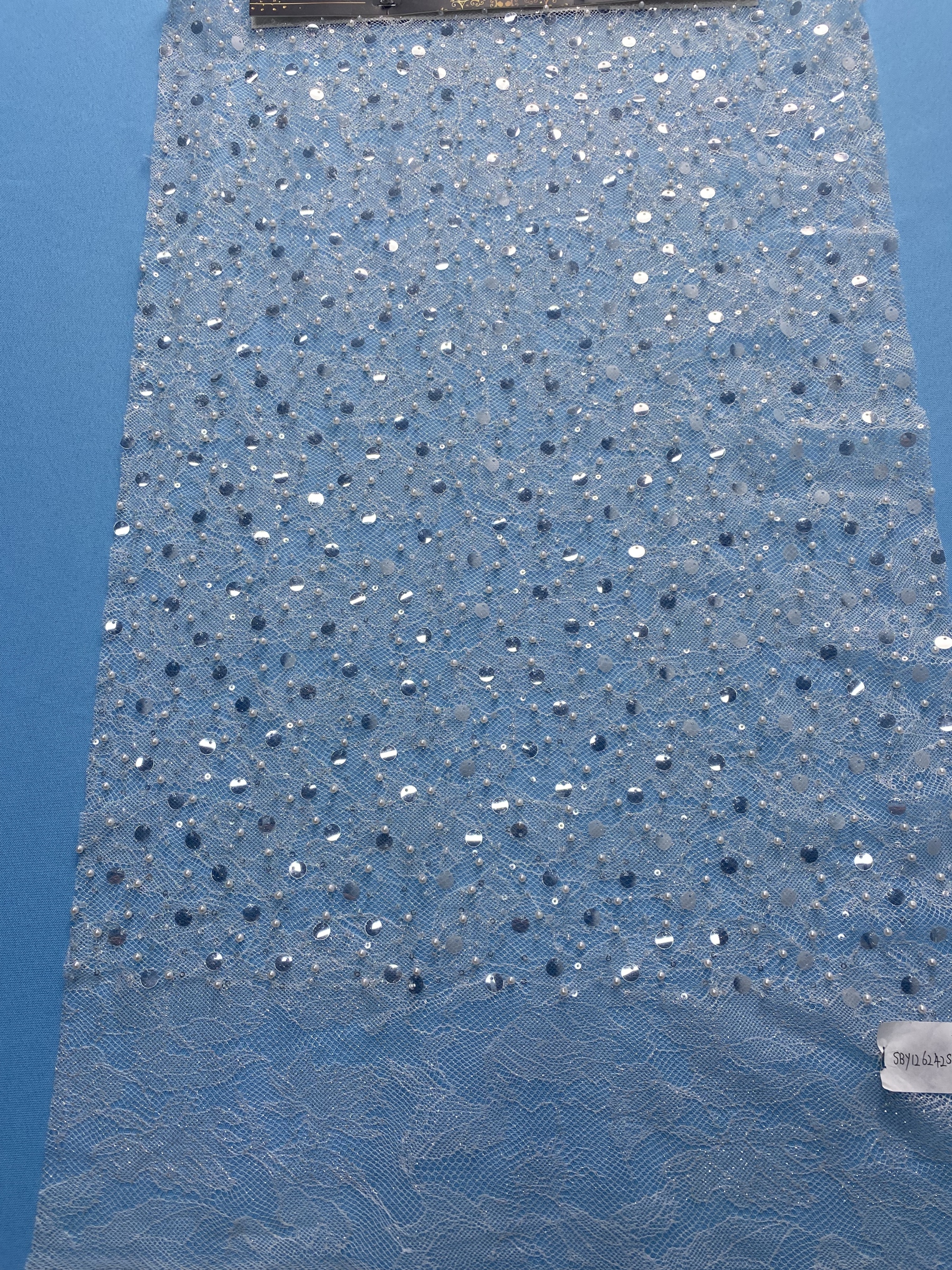 Ivory Fabric Embellished with Sparkling Sequins & Pearls! Perfect for Wedding Dresses/Evening Wear. High-Quality Material—Shop This Exquisite Decorative Fabric Now!