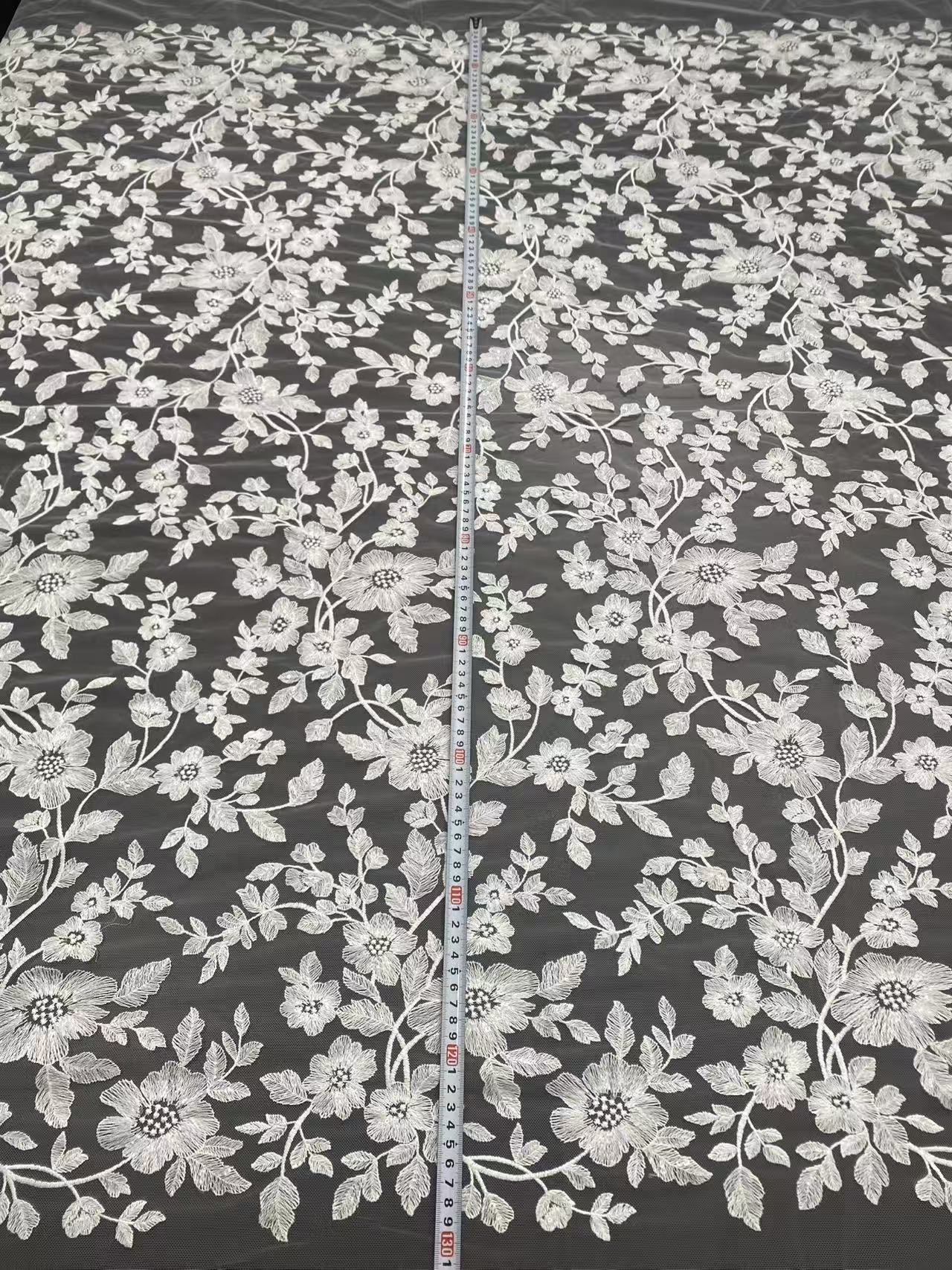 Ivory Bridal Embroidery Floral Lace Fabric, Delicate Floral Applique lace, Formal Dress Prom lace, Wedding Gown lace, rehearsal, by 1 yard