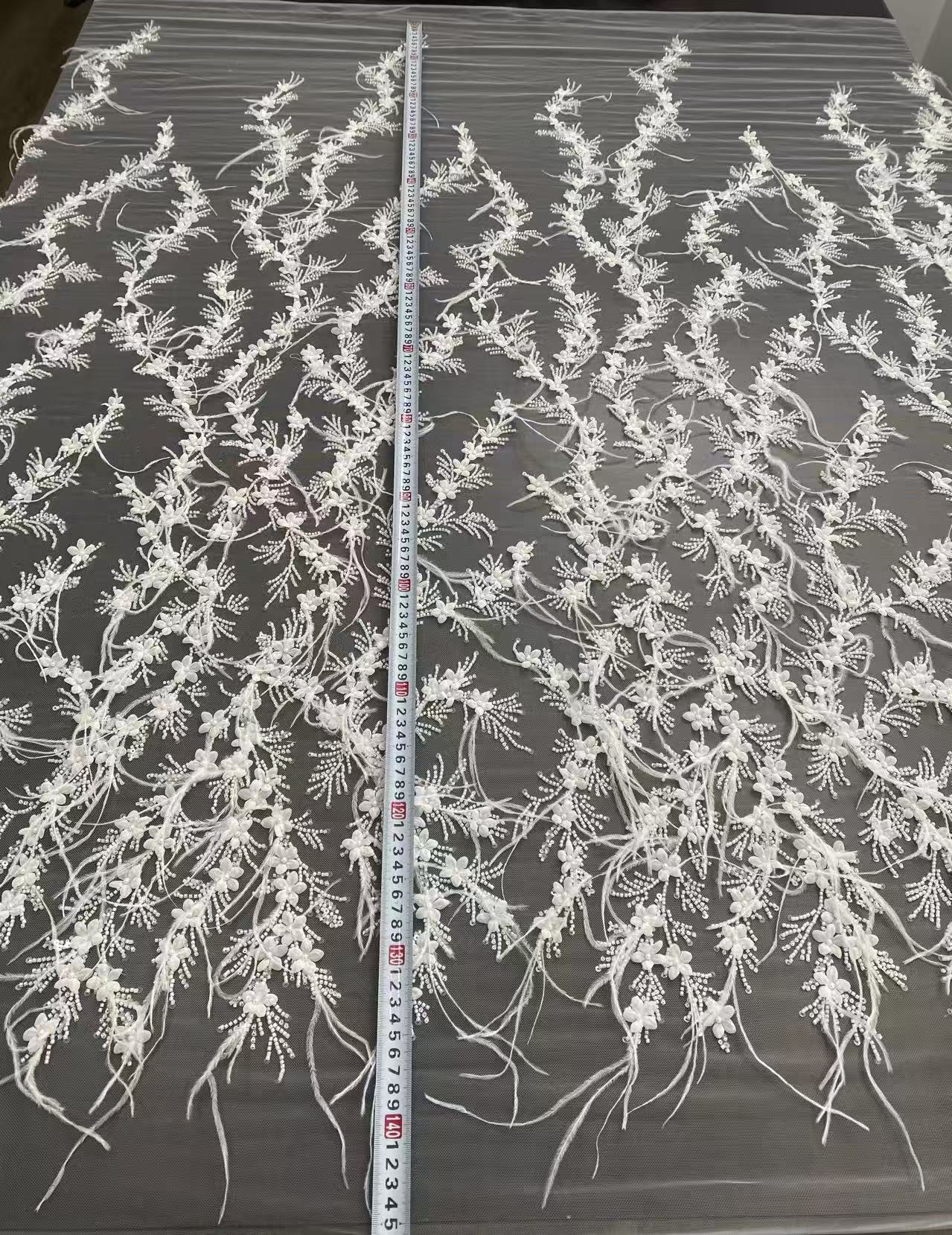 Luxcury Handmade Feather wedding lace fabric, 3D Flower Embroidery Lace with Beaded for DIY Wedding Bridal Full Dncing Dress Costumes