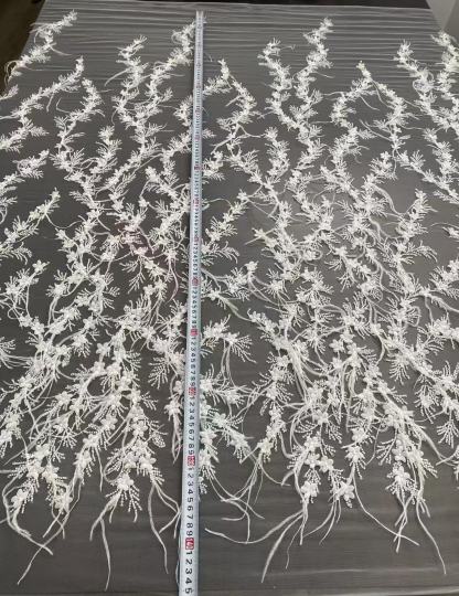 Luxcury Handmade Feather wedding lace fabric, 3D Flower Embroidery Lace with Beaded for DIY Wedding Bridal Full Dncing Dress Costumes