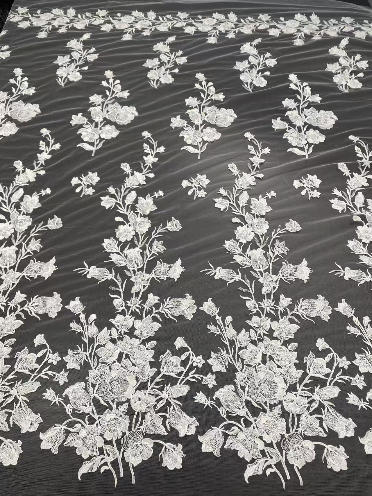Ivory Floral Embroidery Lace Fabric with Beaded by yard, Bridal Dress tulle Lace for DIY sewing, Designer Dressmaking Supplies