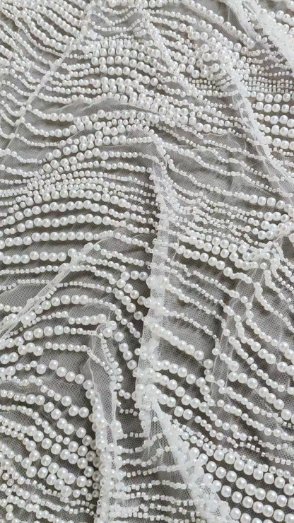 Heavy Sparkling Beaded Lace Fabric White Pearls Tulle Fabric Crystal Bead Fabric Wedding Dress
