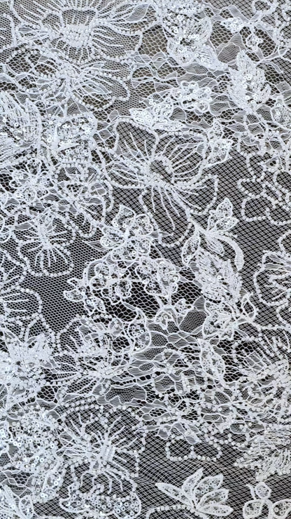 Beaded Floral Lace Fabric White Pearls Sequins Tulle Mesh Fabric Exquisite Embroidery Floral Pattern Wedding Dress