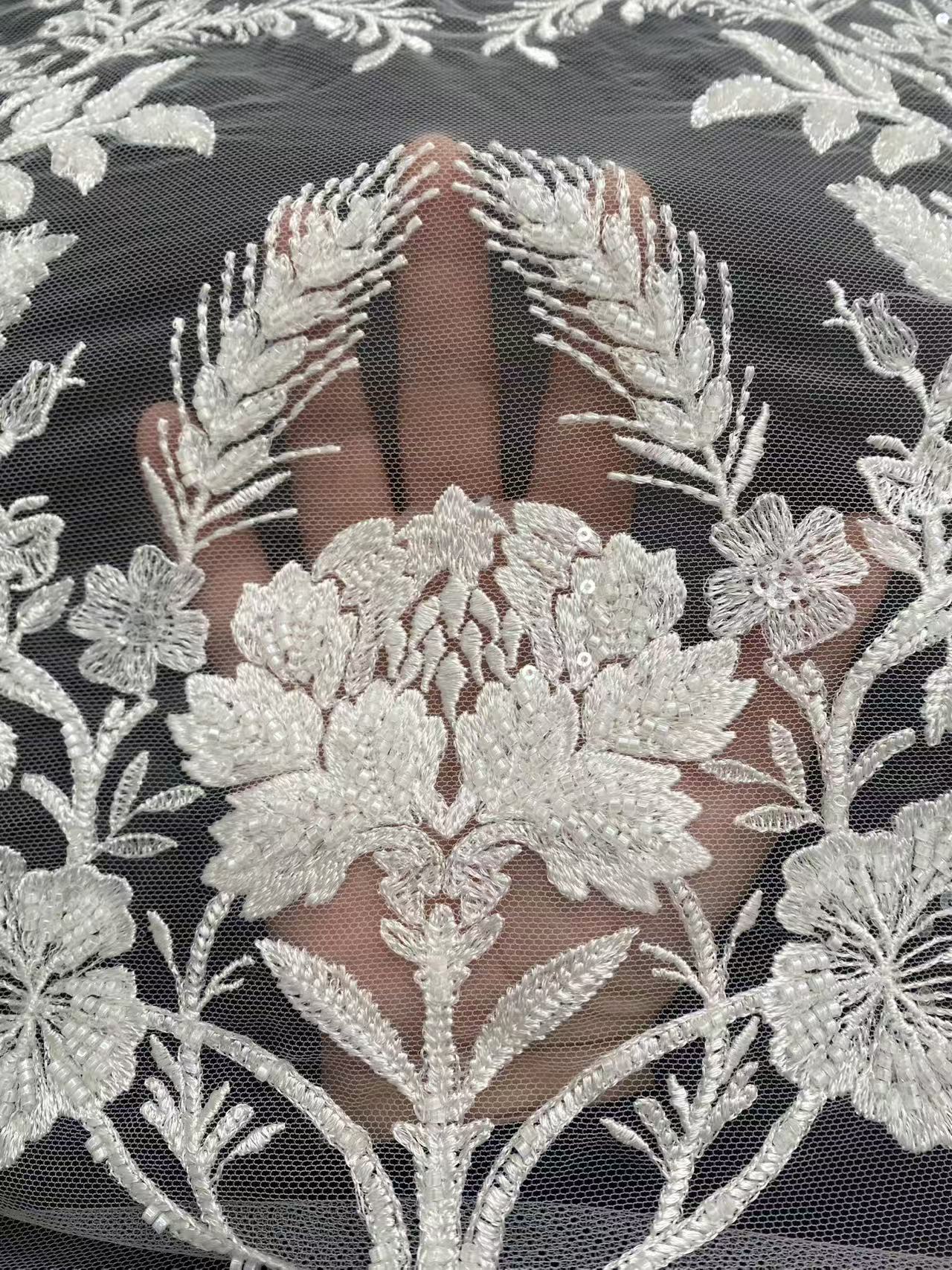 Ivory Bridal Embroidery Floral Lace Fabric, Delicate Floral Applique lace, Formal Dress Prom lace, Wedding Gown lace, rehearsal, by 1 yard