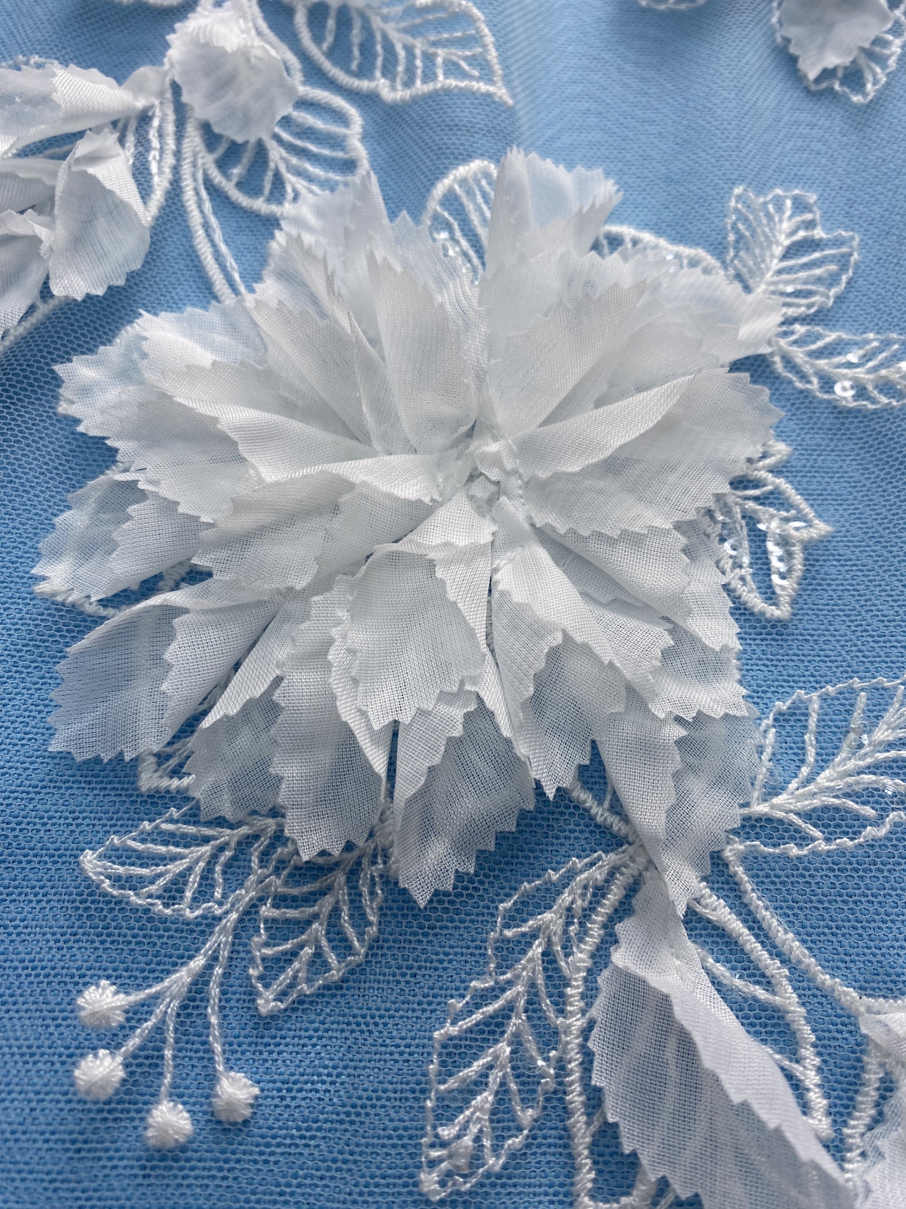 Ivory Fabric with Gorgeous 3D Flower Embroidery! Features Delicate Leaf Detailing, Perfect for Wedding Dresses/Elegant Evening Wear. Premium Craft—Shop Now!