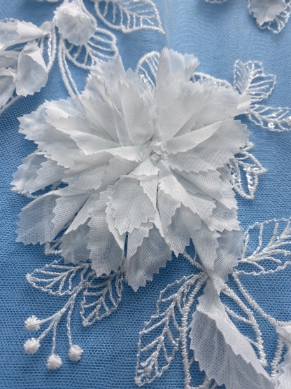 Ivory Fabric with Gorgeous 3D Flower Embroidery! Features Delicate Leaf Detailing, Perfect for Wedding Dresses/Elegant Evening Wear. Premium Craft—Shop Now!