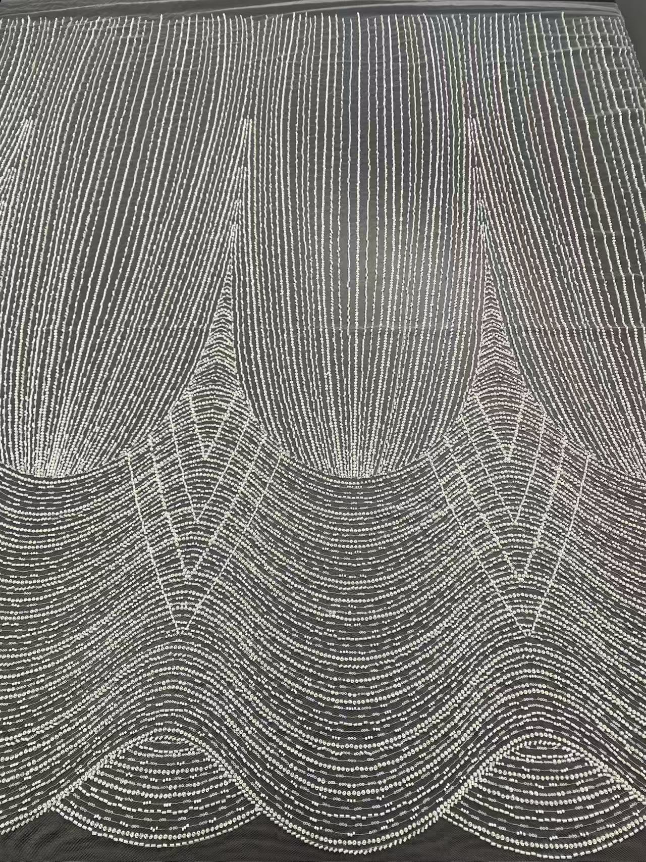 Heavy Beaded Lace Fabric with Lines, Stripe Embroidery Tulle Applique by the Yard, Sequin Lace for Bridal & Evening Wear,Wedding Dress