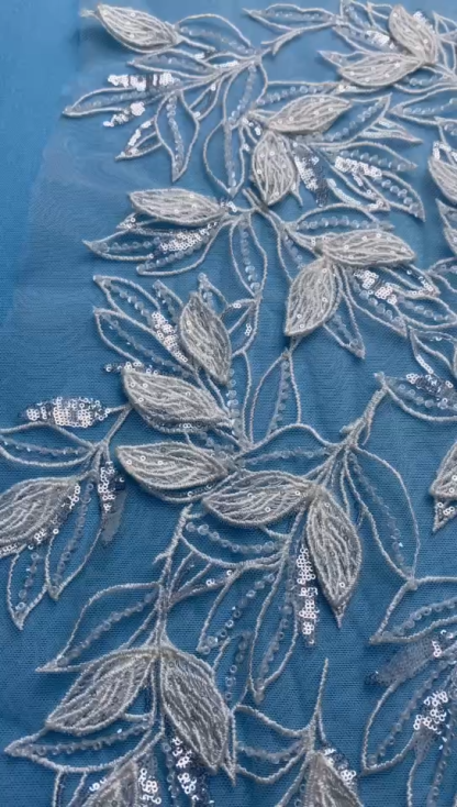 Ivory Tulle Fabric! Adorned with Delicate Leaf Embroidery & Sparkling Sequins. Ideal for Wedding Dresses/Elegant Garments. High-Quality Craftsmanship—Shop This Stunning Material Now!