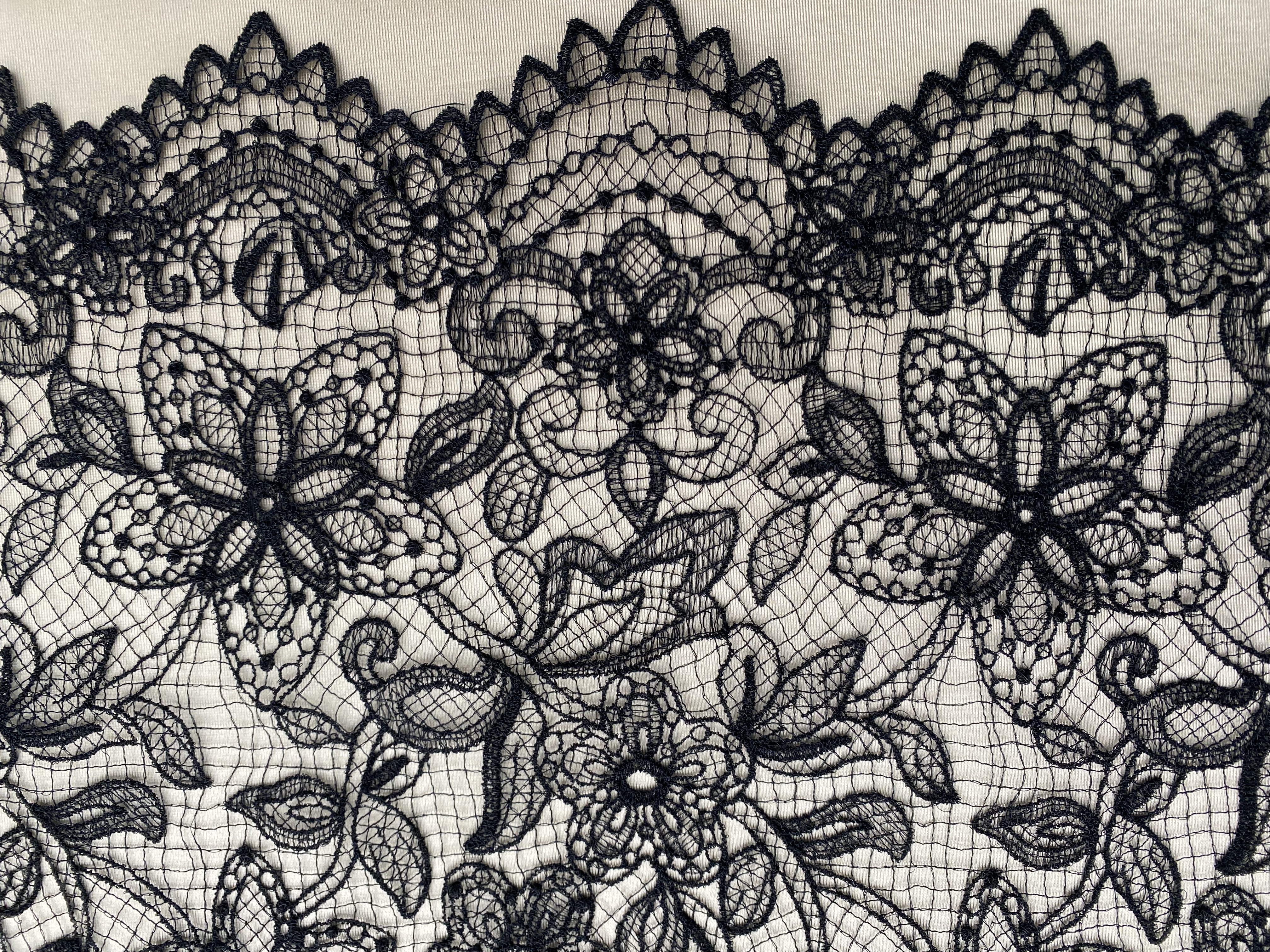 Black Chantilly lace fabric with cord, French bridal wedding lace, eyelash veil lace, scalloped floral lace, sold by 3 maters