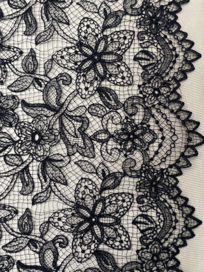 Black Chantilly lace fabric with cord, French bridal wedding lace, eyelash veil lace, scalloped floral lace, sold by 3 maters