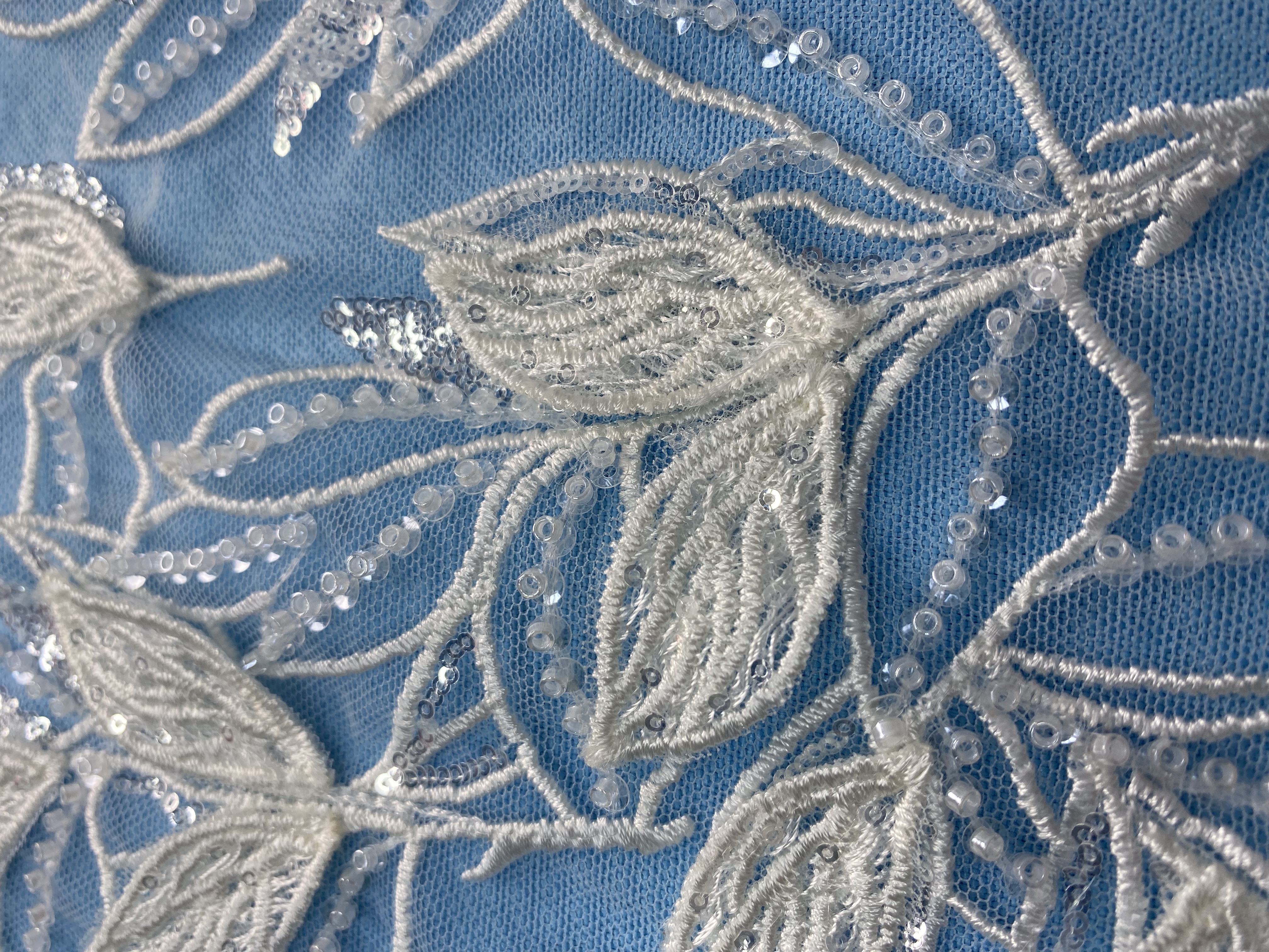 Ivory Tulle Fabric! Adorned with Delicate Leaf Embroidery & Sparkling Sequins. Ideal for Wedding Dresses/Elegant Garments. High-Quality Craftsmanship—Shop This Stunning Material Now!