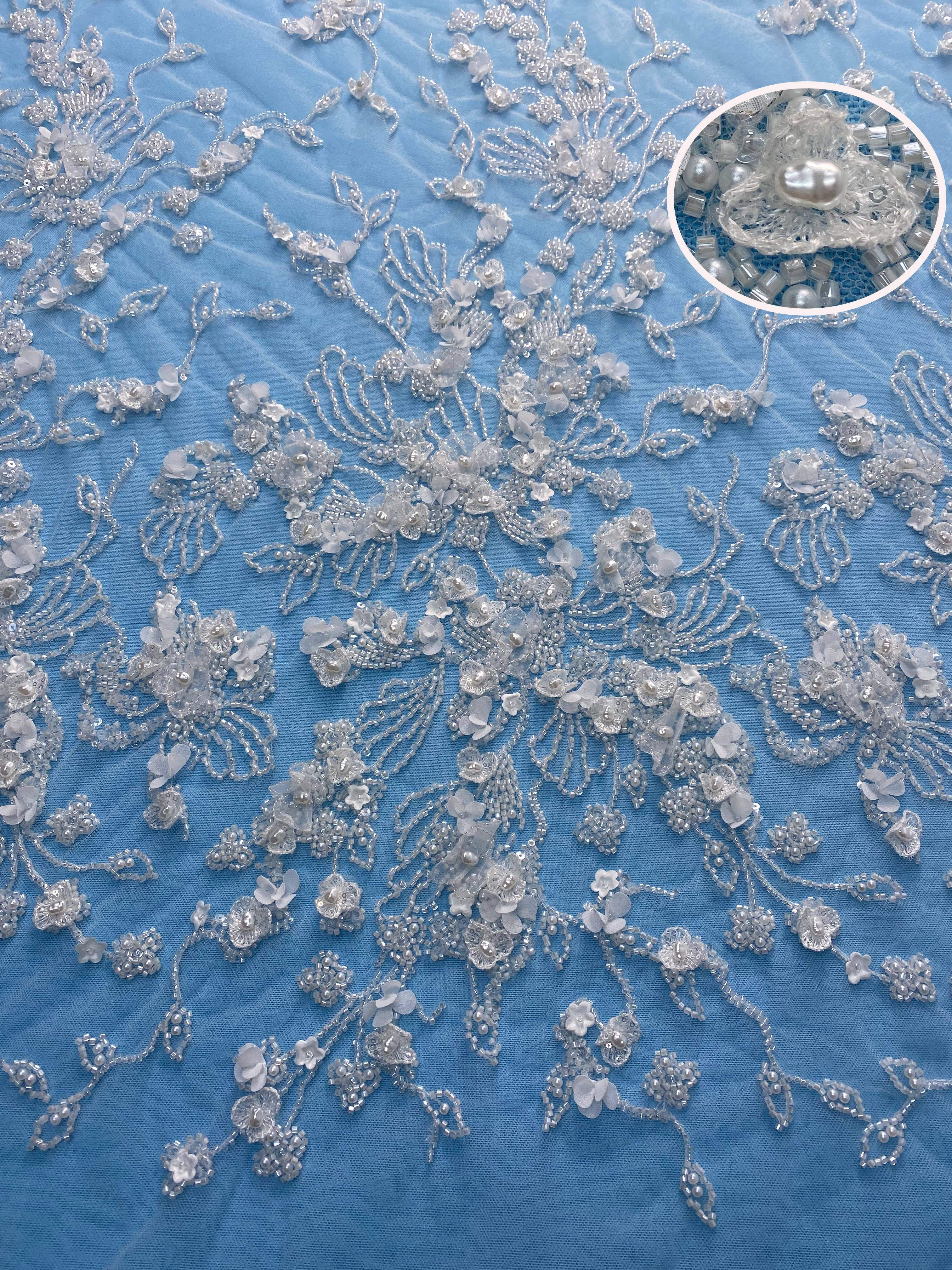 Exquisite Ivory Fabric! Embellished with Pearls, Sparkling Sequins & Delicate Embroidery. Ideal for Wedding Dresses/Chic Evening Wear—Premium Craftsmanship, Shop Now!