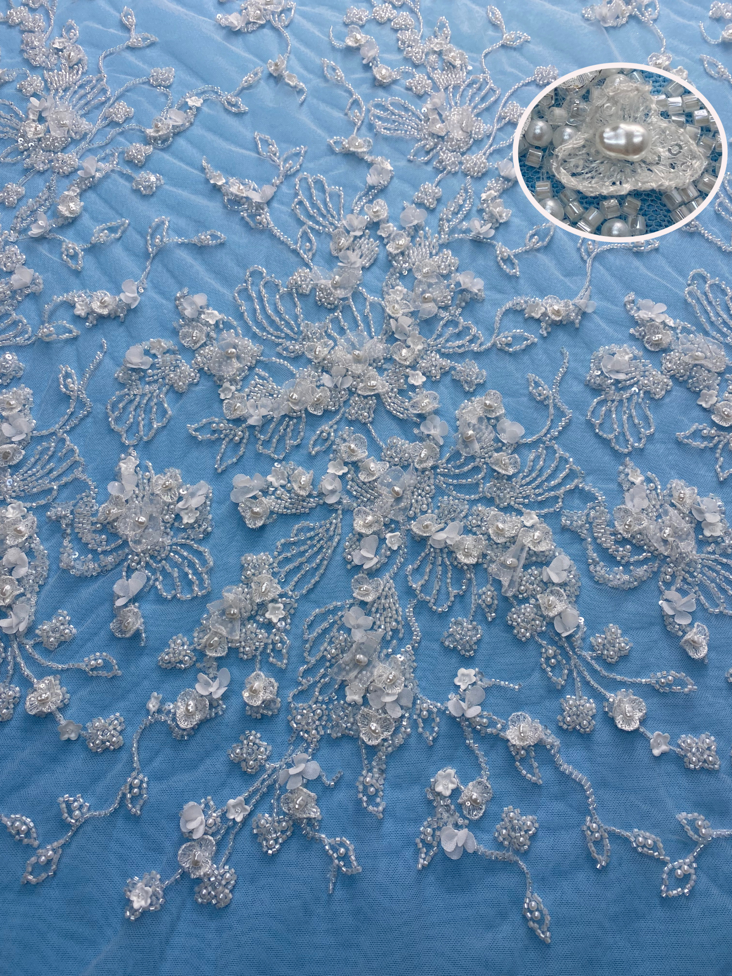 Exquisite Ivory Fabric! Embellished with Pearls, Sparkling Sequins & Delicate Embroidery. Ideal for Wedding Dresses/Chic Evening Wear—Premium Craftsmanship, Shop Now!