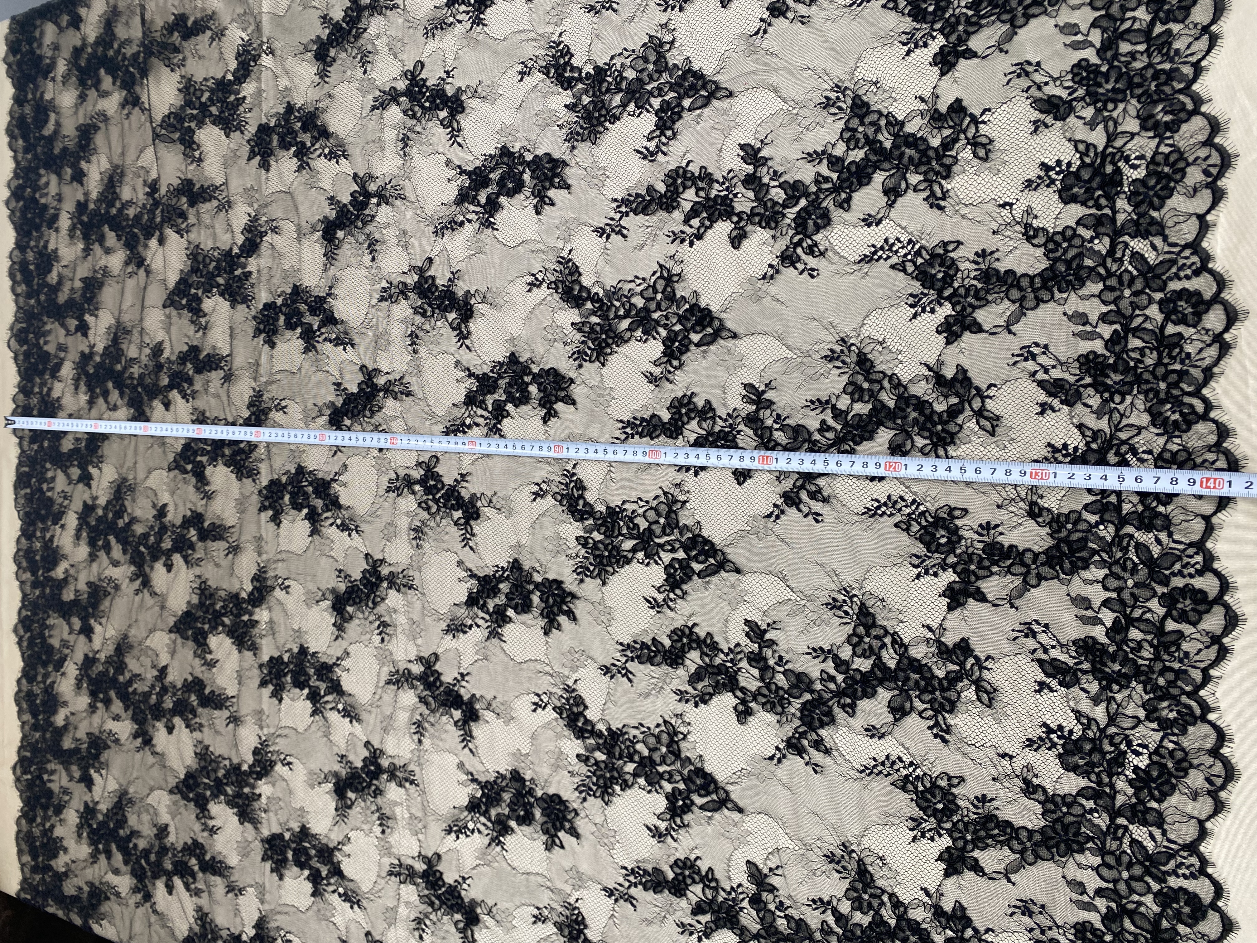 Black Chantilly lace fabric with cord, French bridal wedding lace, eyelash veil lace, scalloped floral lace, sold by 3 maters