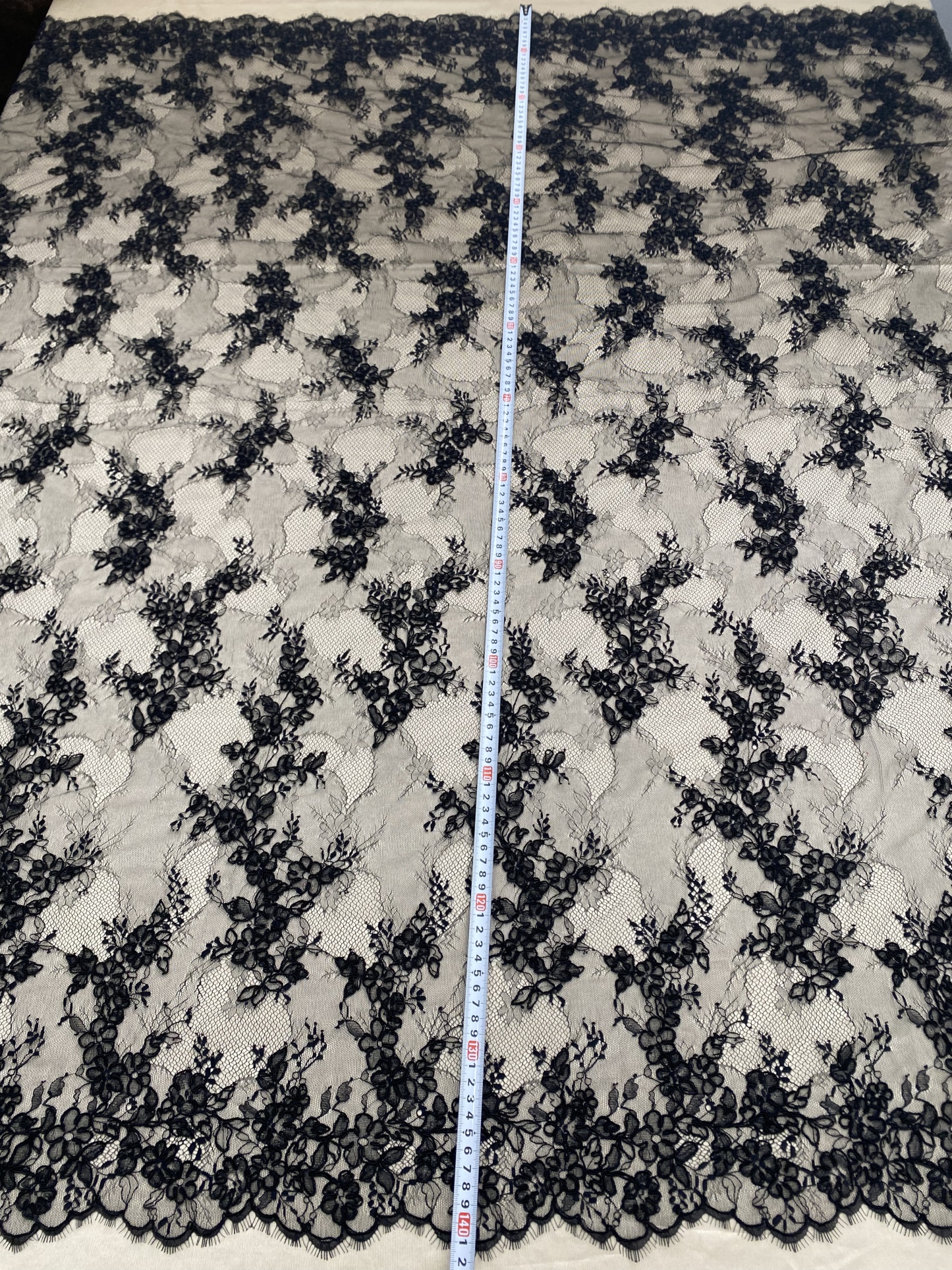 Black Chantilly lace fabric with cord, French bridal wedding lace, eyelash veil lace, scalloped floral lace, sold by 3 maters