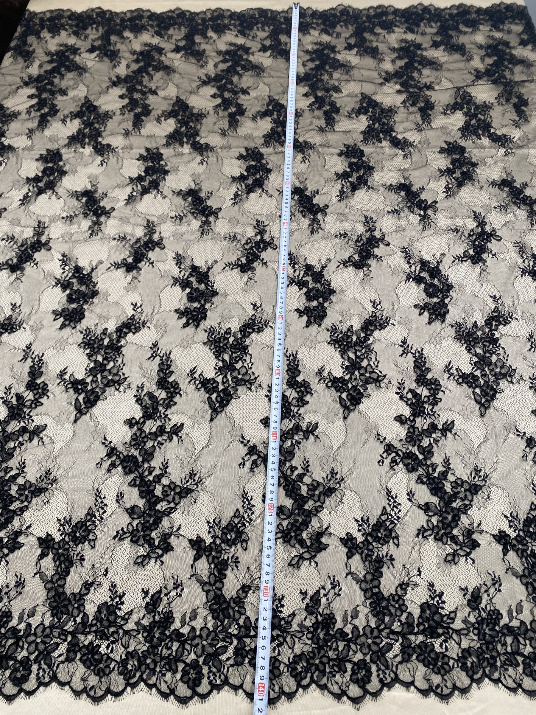 Black Chantilly lace fabric with cord, French bridal wedding lace, eyelash veil lace, scalloped floral lace, sold by 3 maters