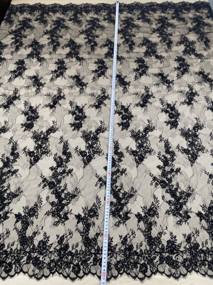 Black Chantilly lace fabric with cord, French bridal wedding lace, eyelash veil lace, scalloped floral lace, sold by 3 maters