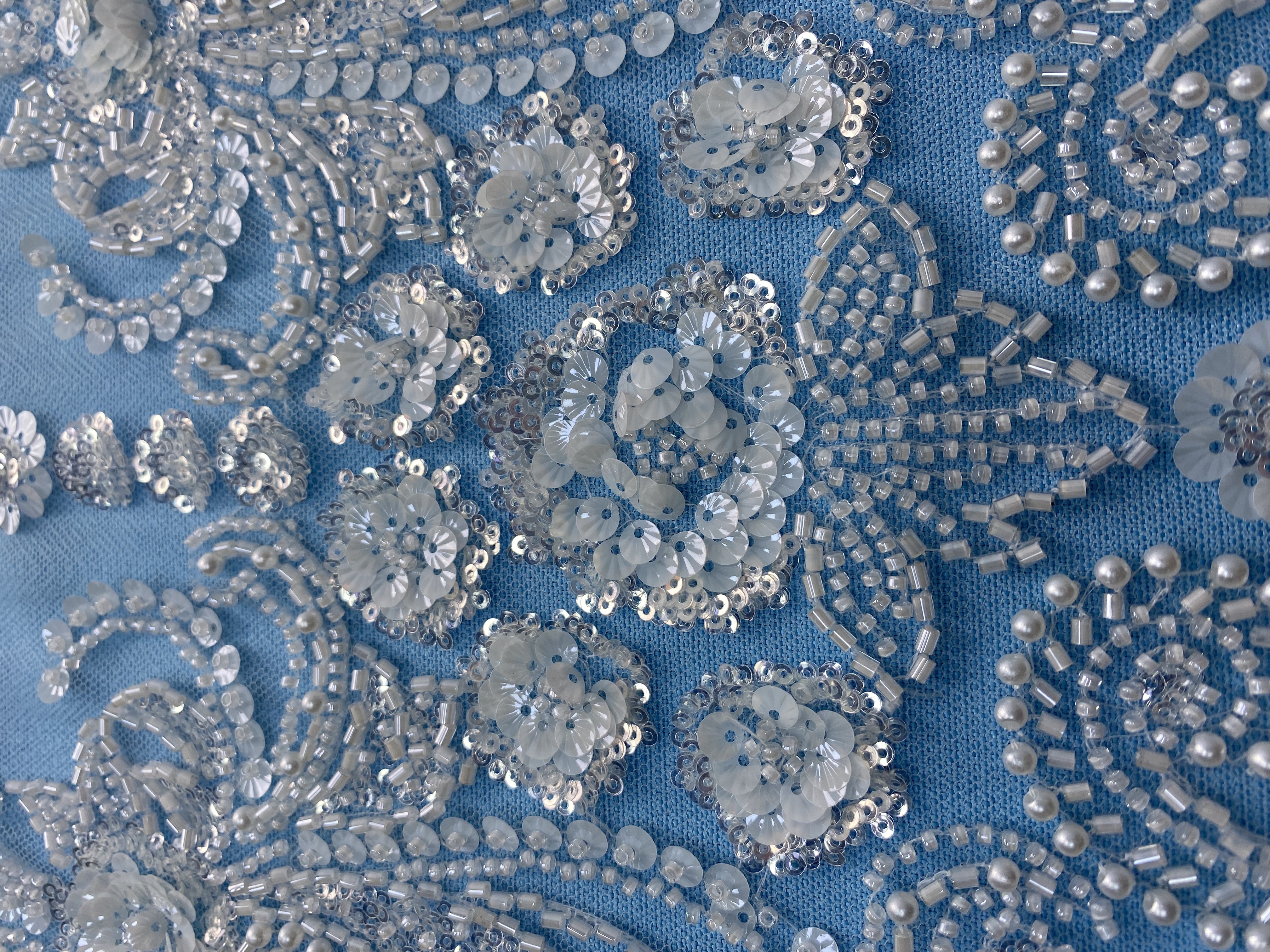 Gorgeous Ivory Fabric! Delicately Embellished with Sparkling Sequins & Pearls. Ideal for Wedding Dresses/Evening Wear. Exquisite Handiwork—Grab This Stunning Material Now!