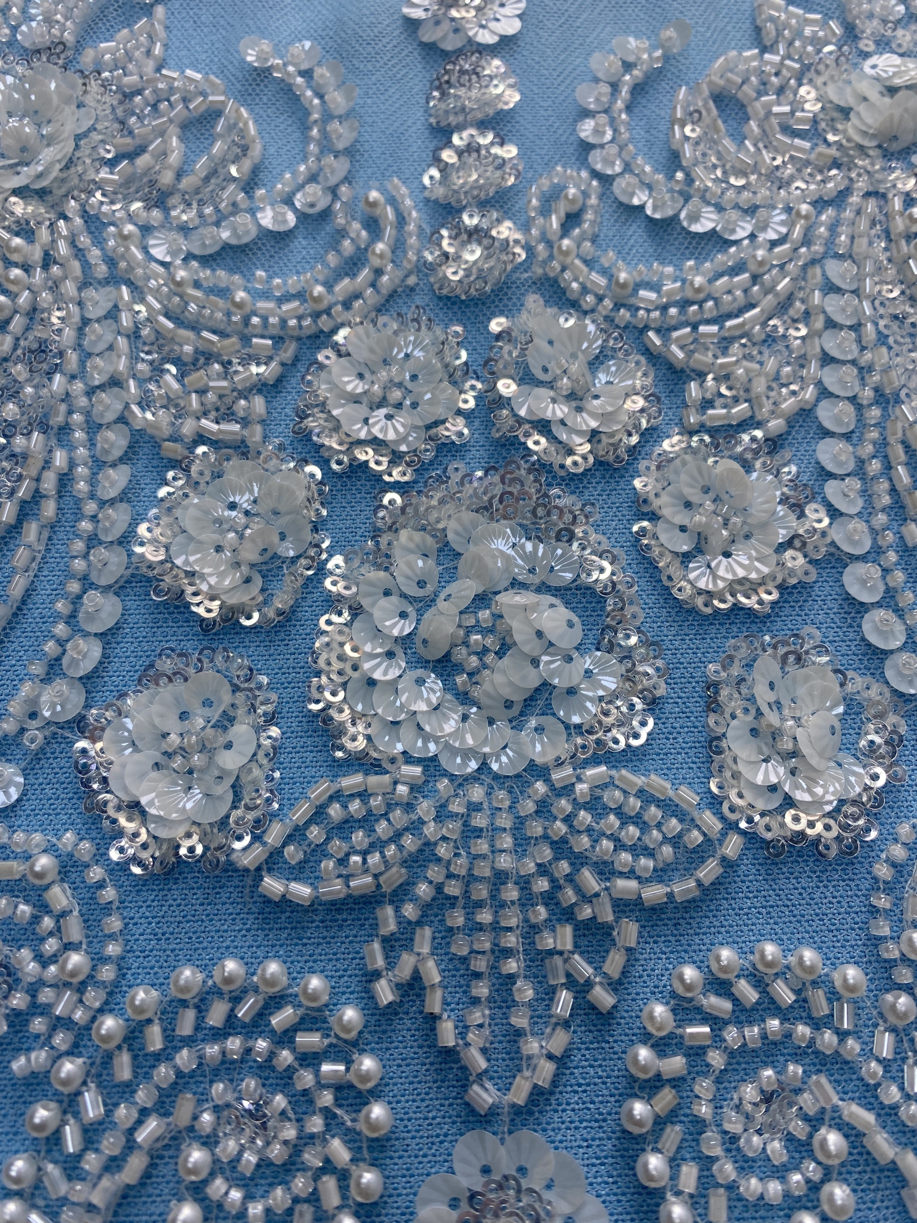 Gorgeous Ivory Fabric! Delicately Embellished with Sparkling Sequins & Pearls. Ideal for Wedding Dresses/Evening Wear. Exquisite Handiwork—Grab This Stunning Material Now!