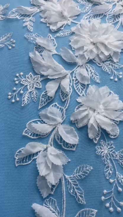 Ivory Fabric with Gorgeous 3D Flower Embroidery! Features Delicate Leaf Detailing, Perfect for Wedding Dresses/Elegant Evening Wear. Premium Craft—Shop Now!