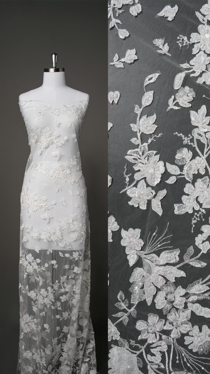 Flower White Color and Silver Line Embroidery Lace Fabric for Wedding Dress, with Beads and Sequins,Width 130cm