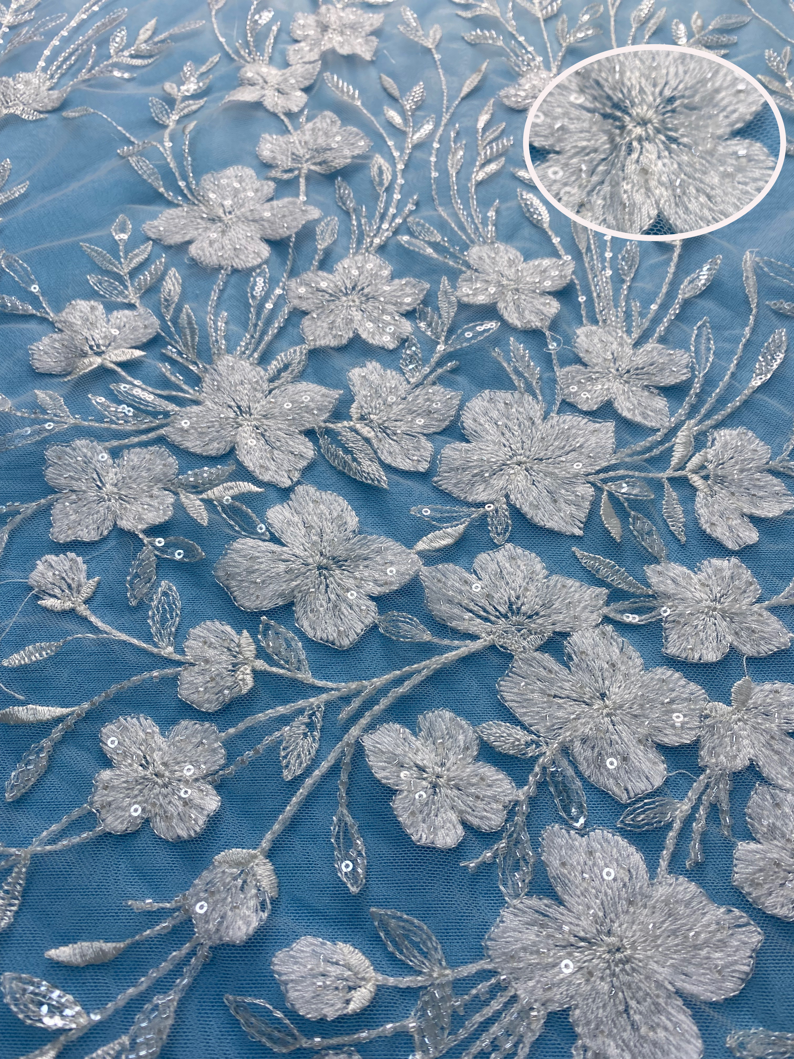 Ivory Fabric with Delicate Floral Embroidery & Sparkling Sequins! Perfect for Wedding Dresses/Evening Wear. Premium Craftsmanship—Grab This Exquisite Material Now!