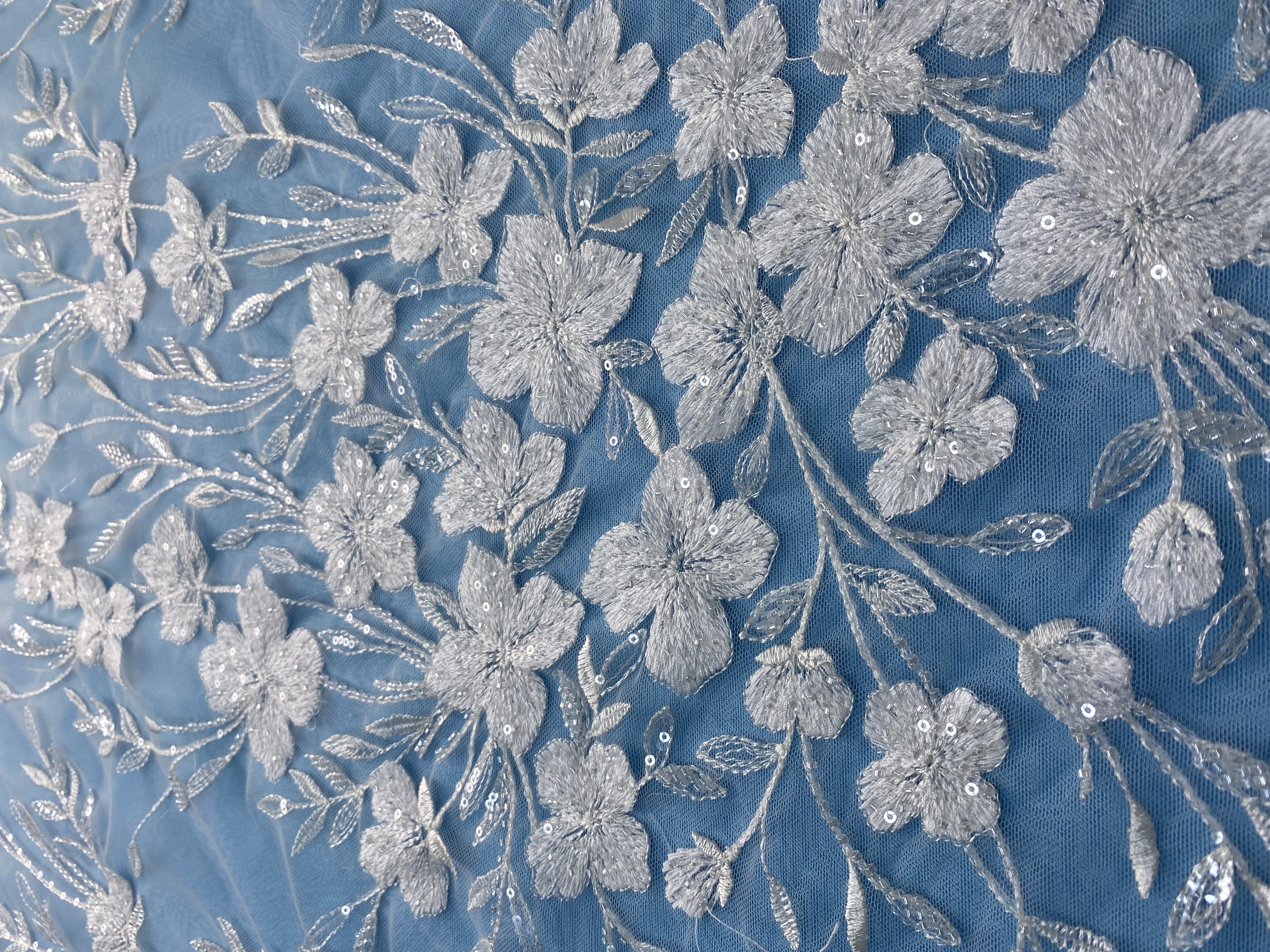 Ivory Fabric with Delicate Floral Embroidery & Sparkling Sequins! Perfect for Wedding Dresses/Evening Wear. Premium Craftsmanship—Grab This Exquisite Material Now!