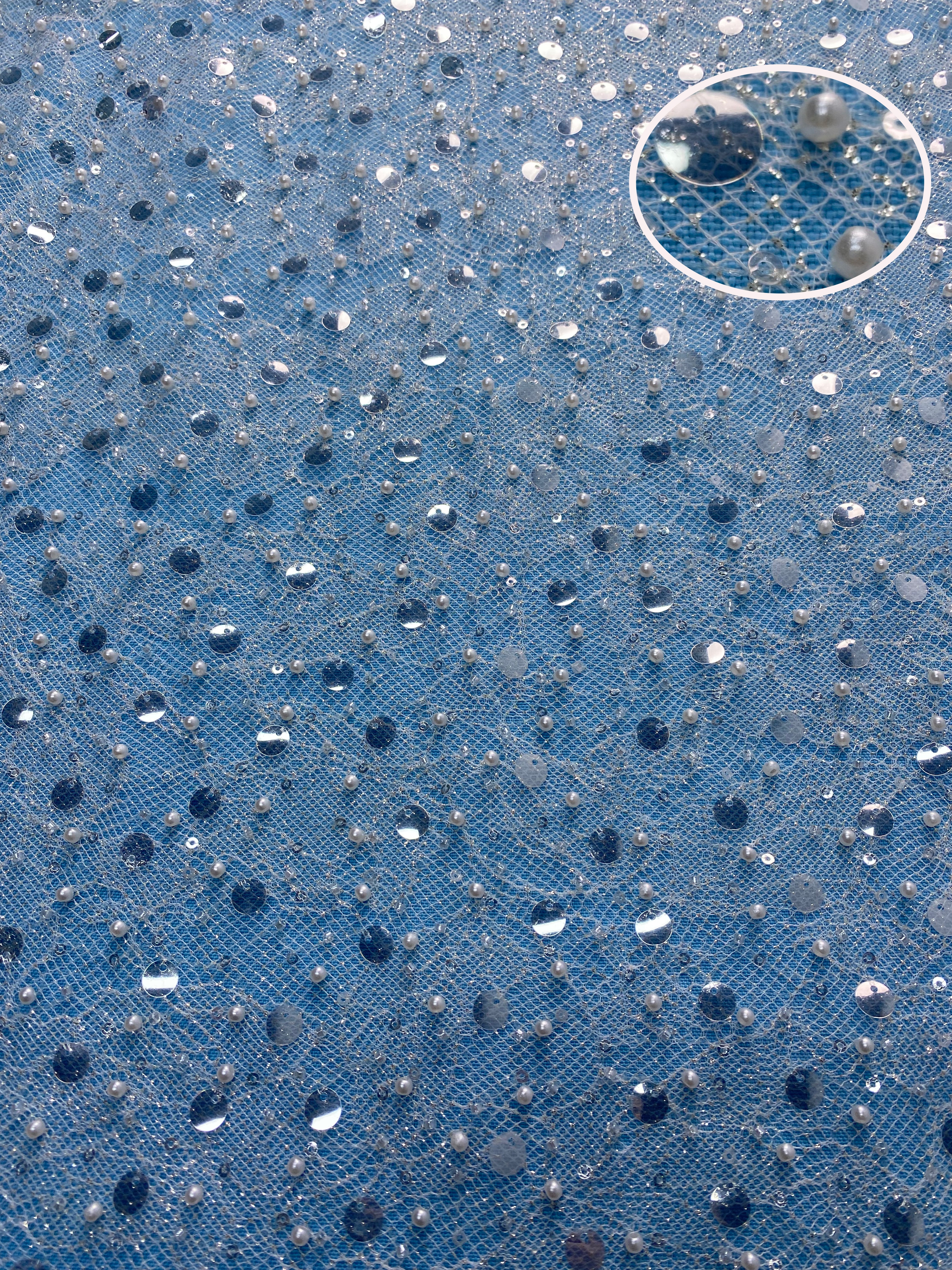 Ivory Fabric Embellished with Sparkling Sequins & Pearls! Perfect for Wedding Dresses/Evening Wear. High-Quality Material—Shop This Exquisite Decorative Fabric Now!