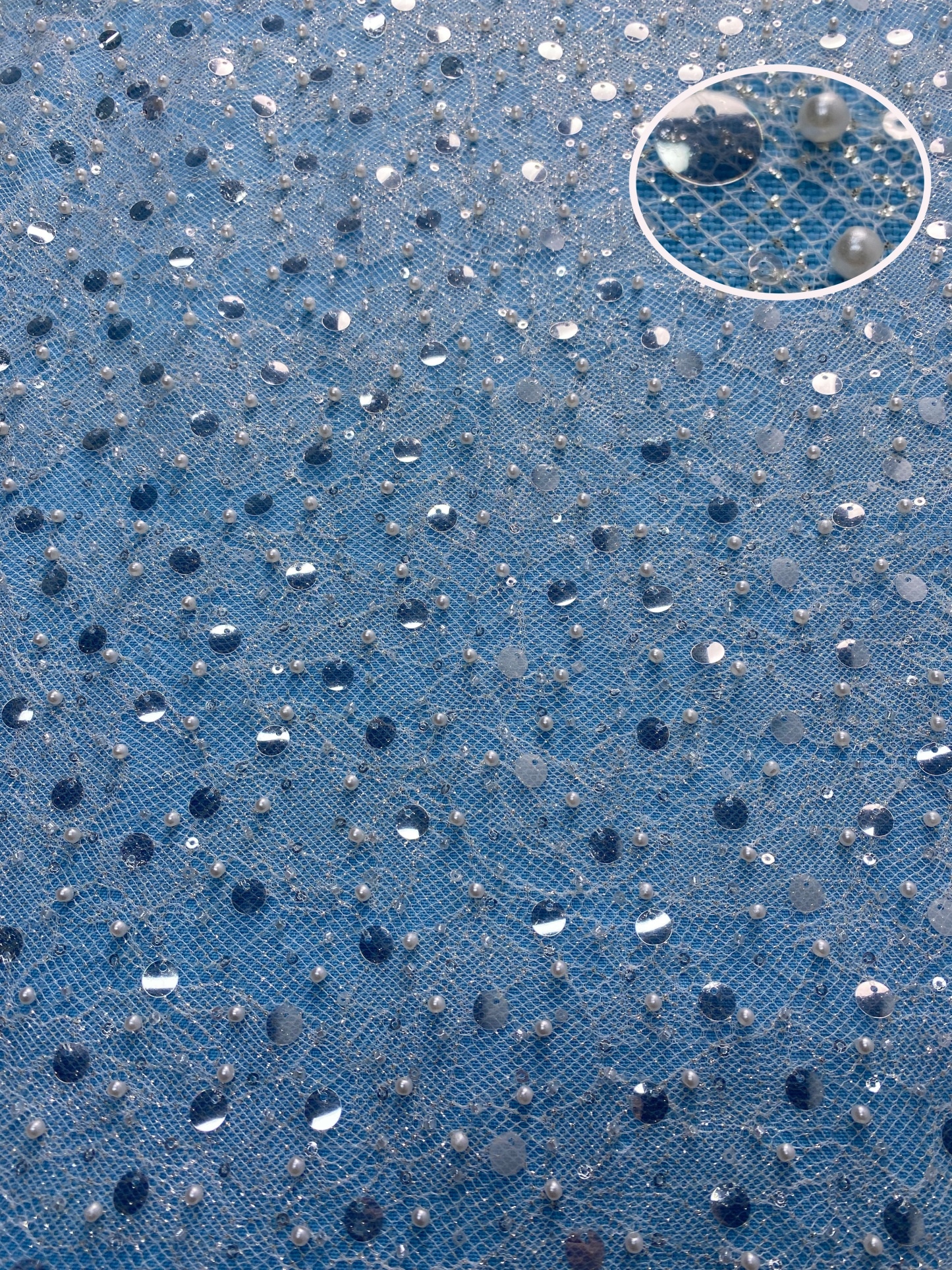 Ivory Fabric Embellished with Sparkling Sequins & Pearls! Perfect for Wedding Dresses/Evening Wear. High-Quality Material—Shop This Exquisite Decorative Fabric Now!