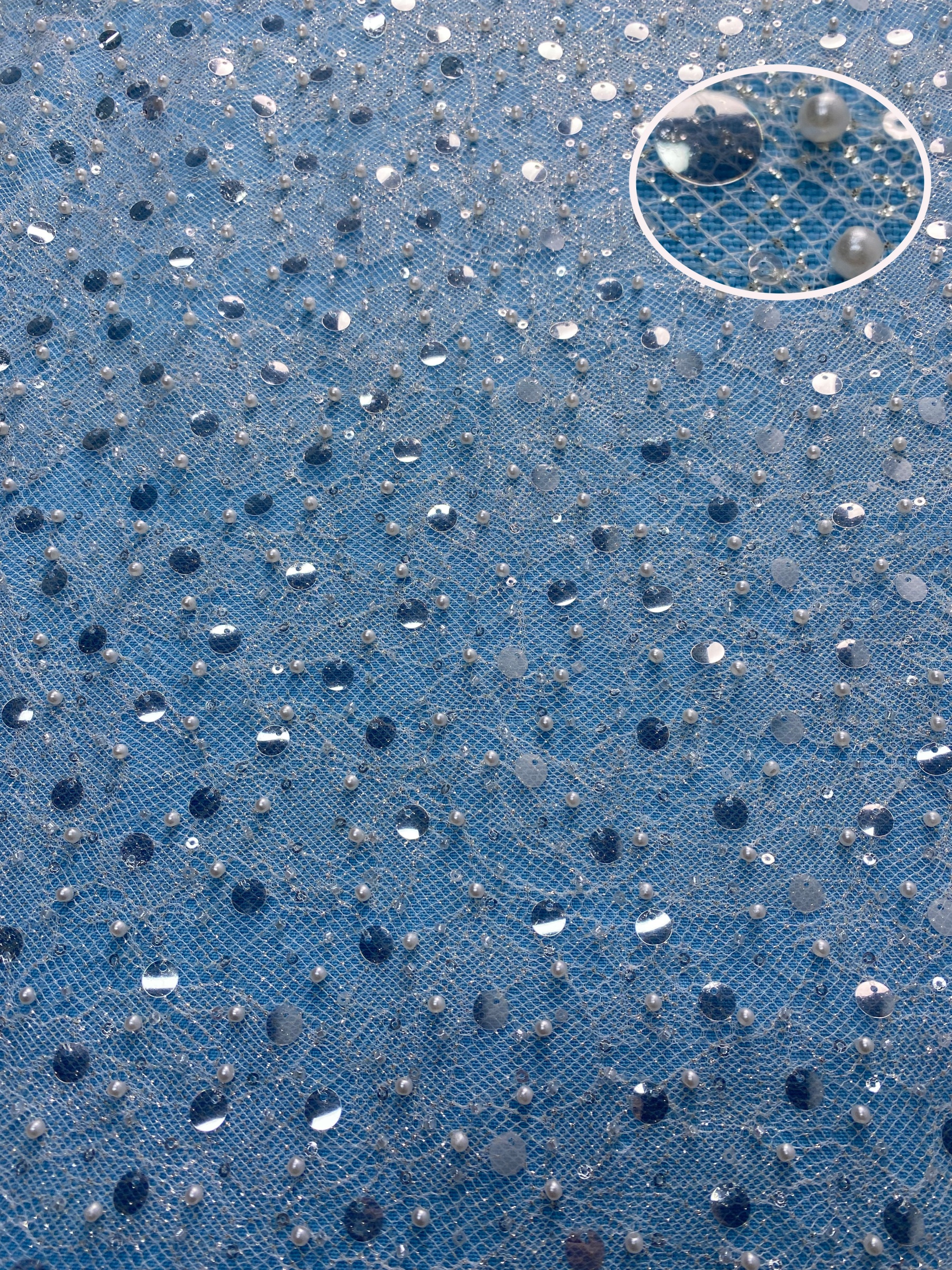 Ivory Fabric Embellished with Sparkling Sequins & Pearls! Perfect for Wedding Dresses/Evening Wear. High-Quality Material—Shop This Exquisite Decorative Fabric Now!