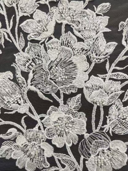 Ivory Floral Embroidery Lace Fabric with Beaded by yard, Bridal Dress tulle Lace for DIY sewing, Designer Dressmaking Supplies
