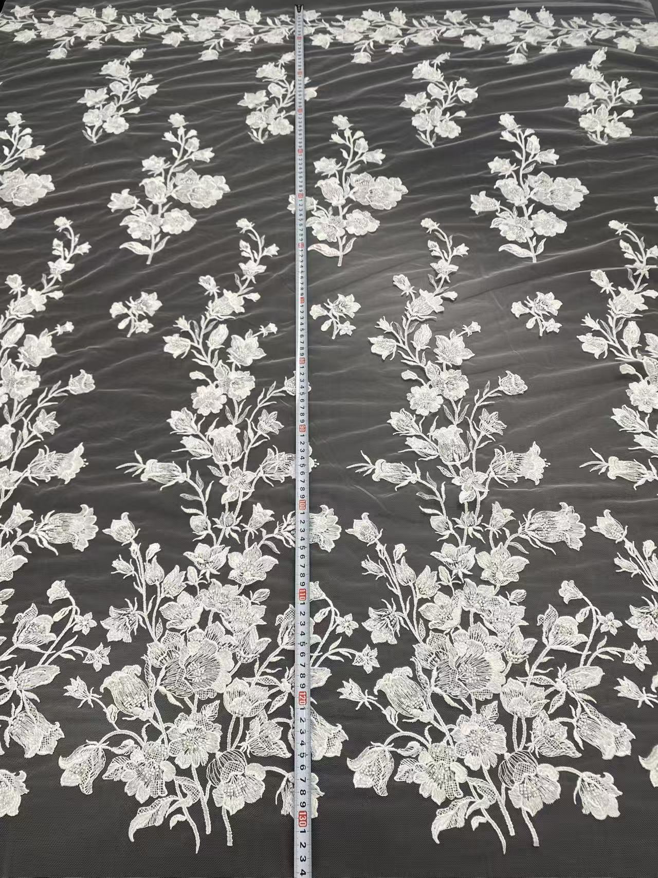 Ivory Floral Embroidery Lace Fabric with Beaded by yard, Bridal Dress tulle Lace for DIY sewing, Designer Dressmaking Supplies