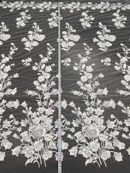 Ivory Floral Embroidery Lace Fabric with Beaded by yard, Bridal Dress tulle Lace for DIY sewing, Designer Dressmaking Supplies