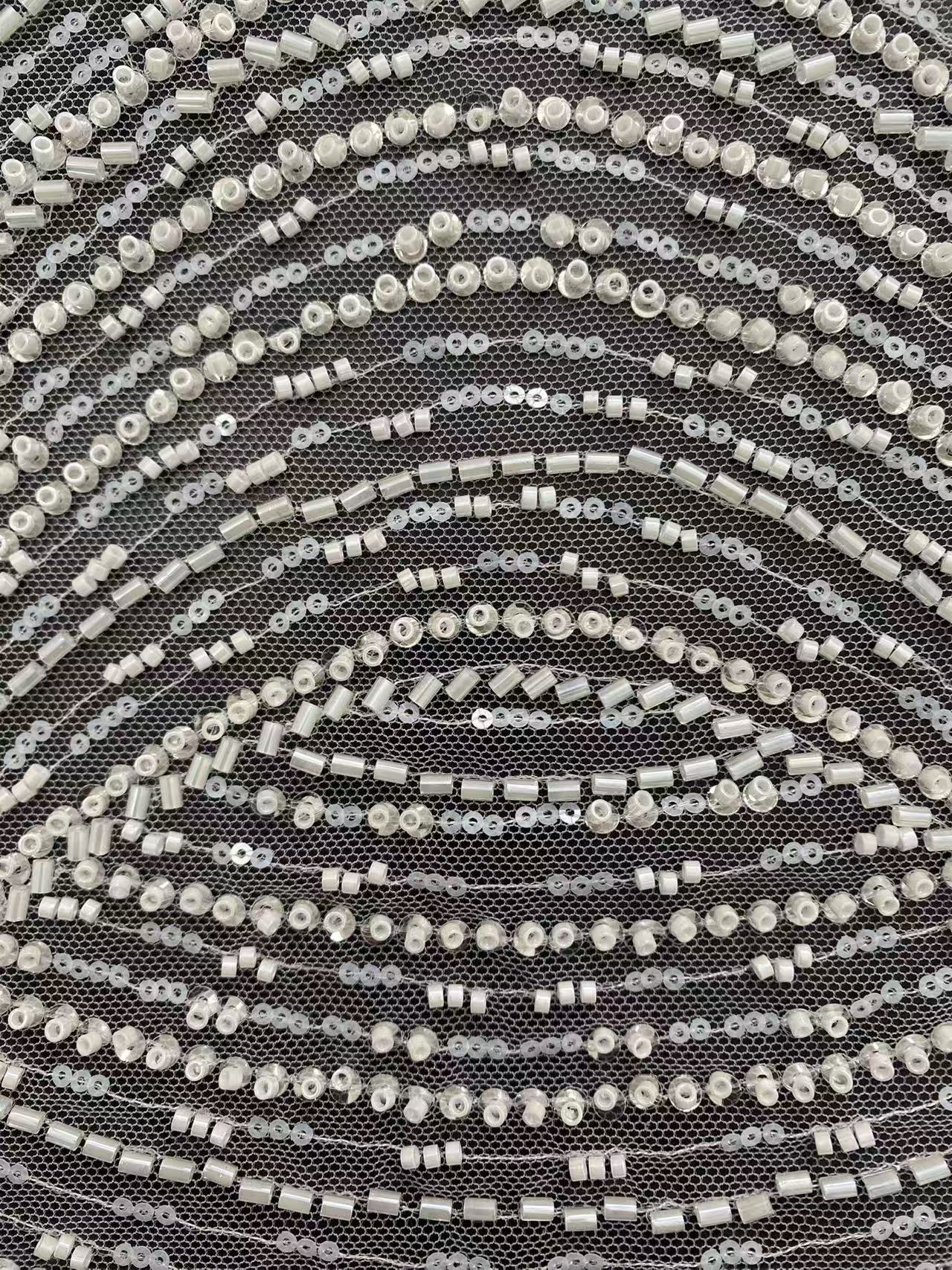 Heavy Beaded Lace Fabric with Lines, Stripe Embroidery Tulle Applique by the Yard, Sequin Lace for Bridal & Evening Wear,Wedding Dress