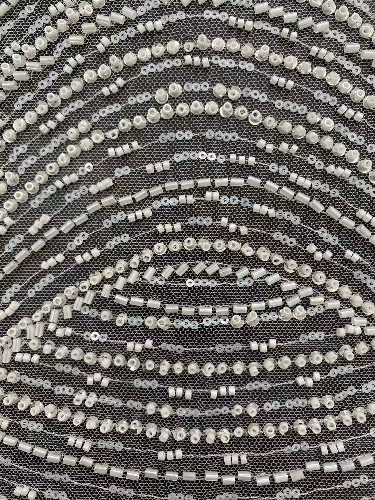 Heavy Beaded Lace Fabric with Lines, Stripe Embroidery Tulle Applique by the Yard, Sequin Lace for Bridal & Evening Wear,Wedding Dress