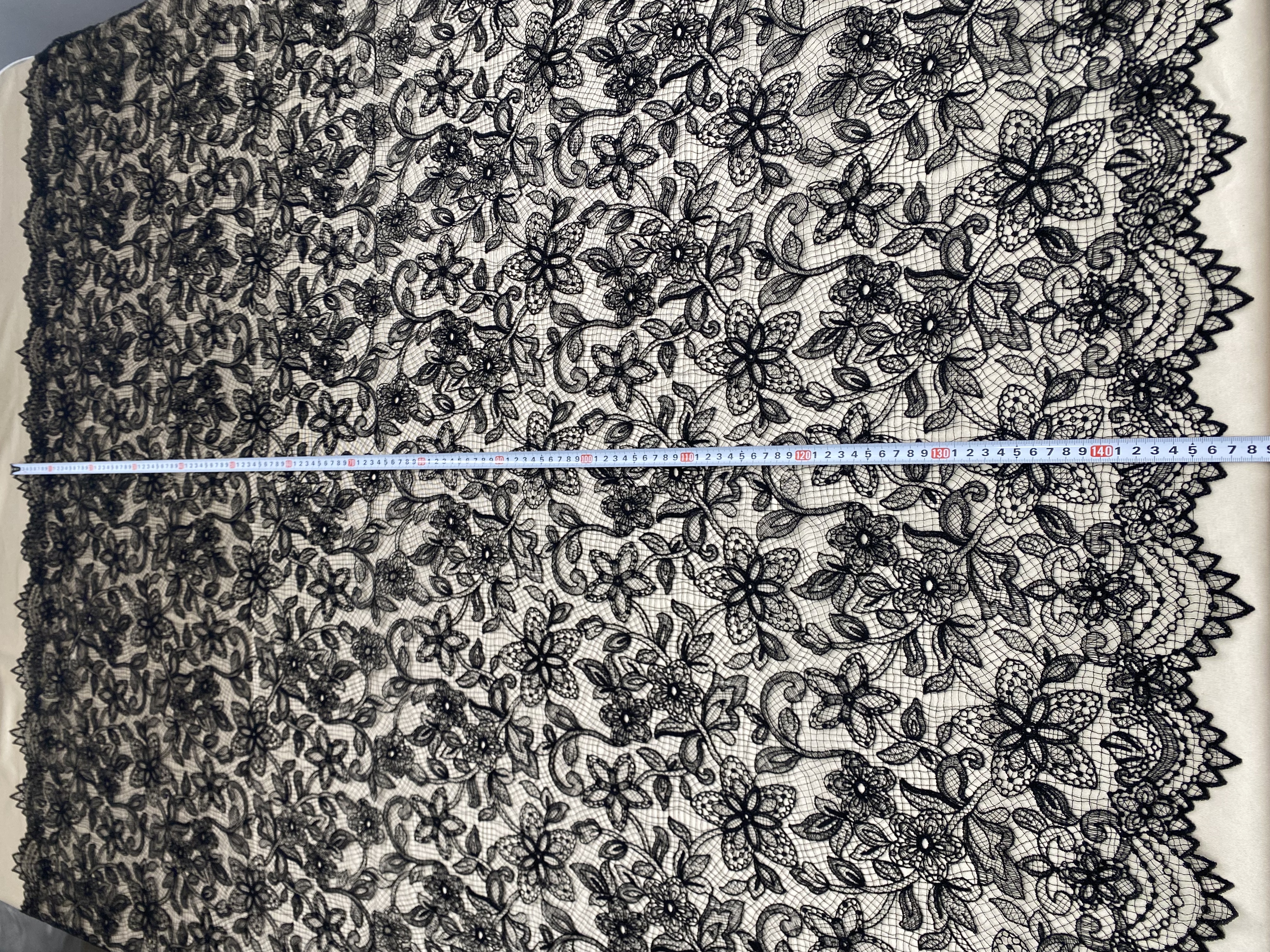 Black Chantilly lace fabric with cord, French bridal wedding lace, eyelash veil lace, scalloped floral lace, sold by 3 maters