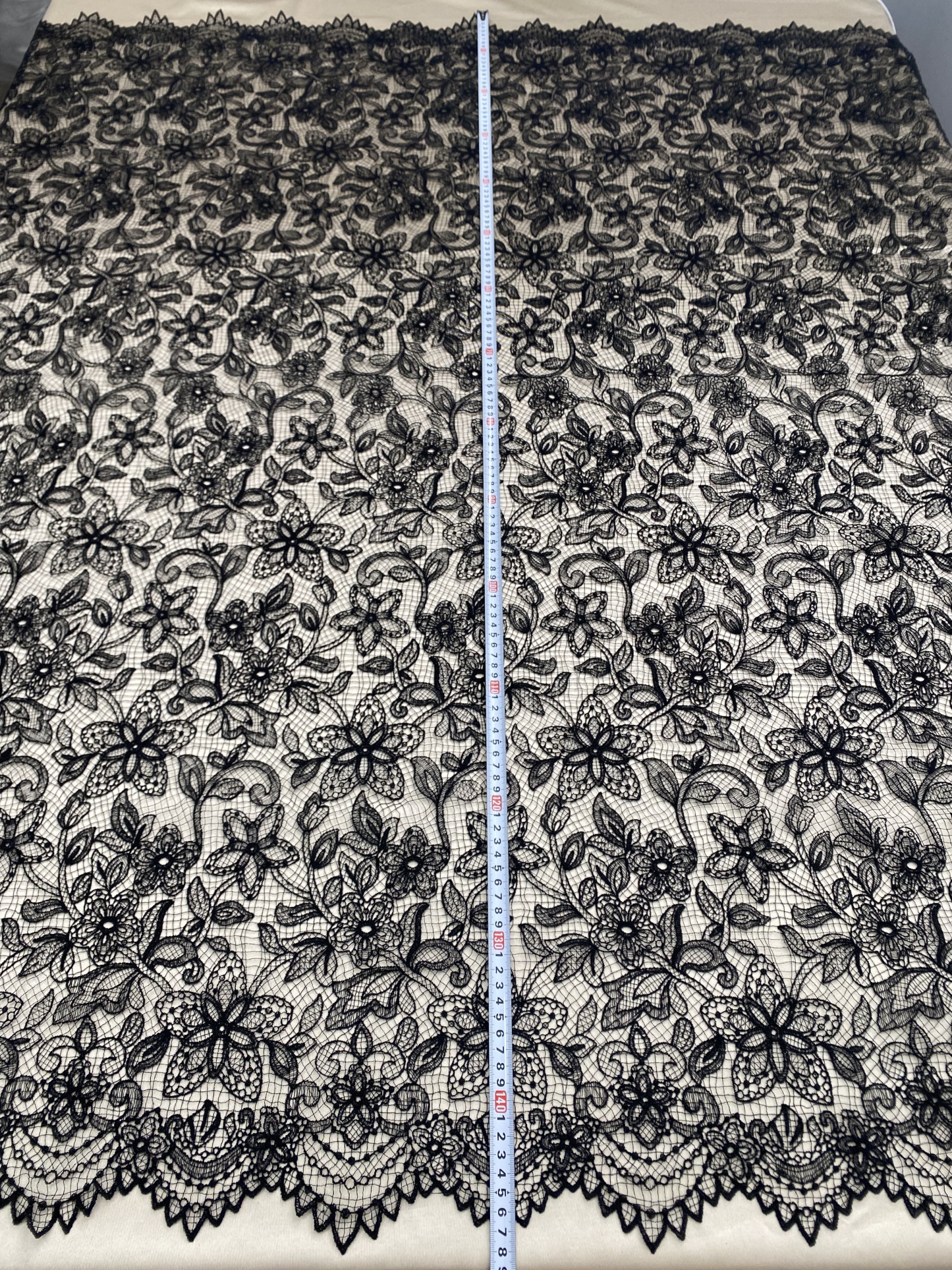 Black Chantilly lace fabric with cord, French bridal wedding lace, eyelash veil lace, scalloped floral lace, sold by 3 maters