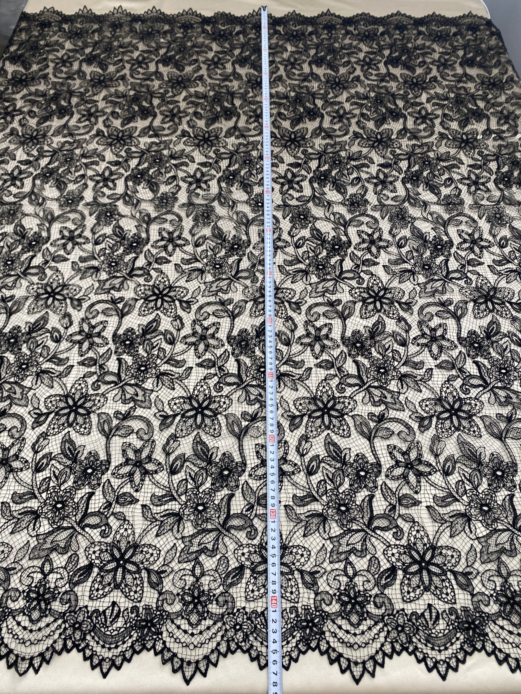 Black Chantilly lace fabric with cord, French bridal wedding lace, eyelash veil lace, scalloped floral lace, sold by 3 maters