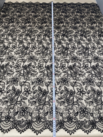 Black Chantilly lace fabric with cord, French bridal wedding lace, eyelash veil lace, scalloped floral lace, sold by 3 maters