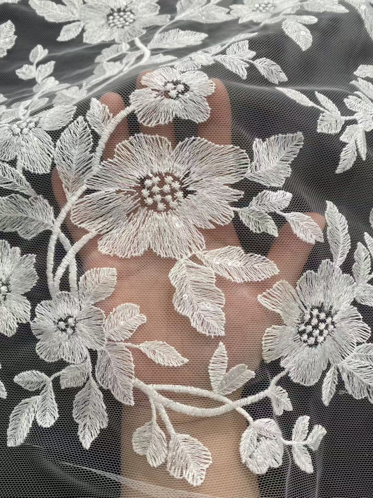 Ivory Bridal Embroidery Floral Lace Fabric, Delicate Floral Applique lace, Formal Dress Prom lace, Wedding Gown lace, rehearsal, by 1 yard