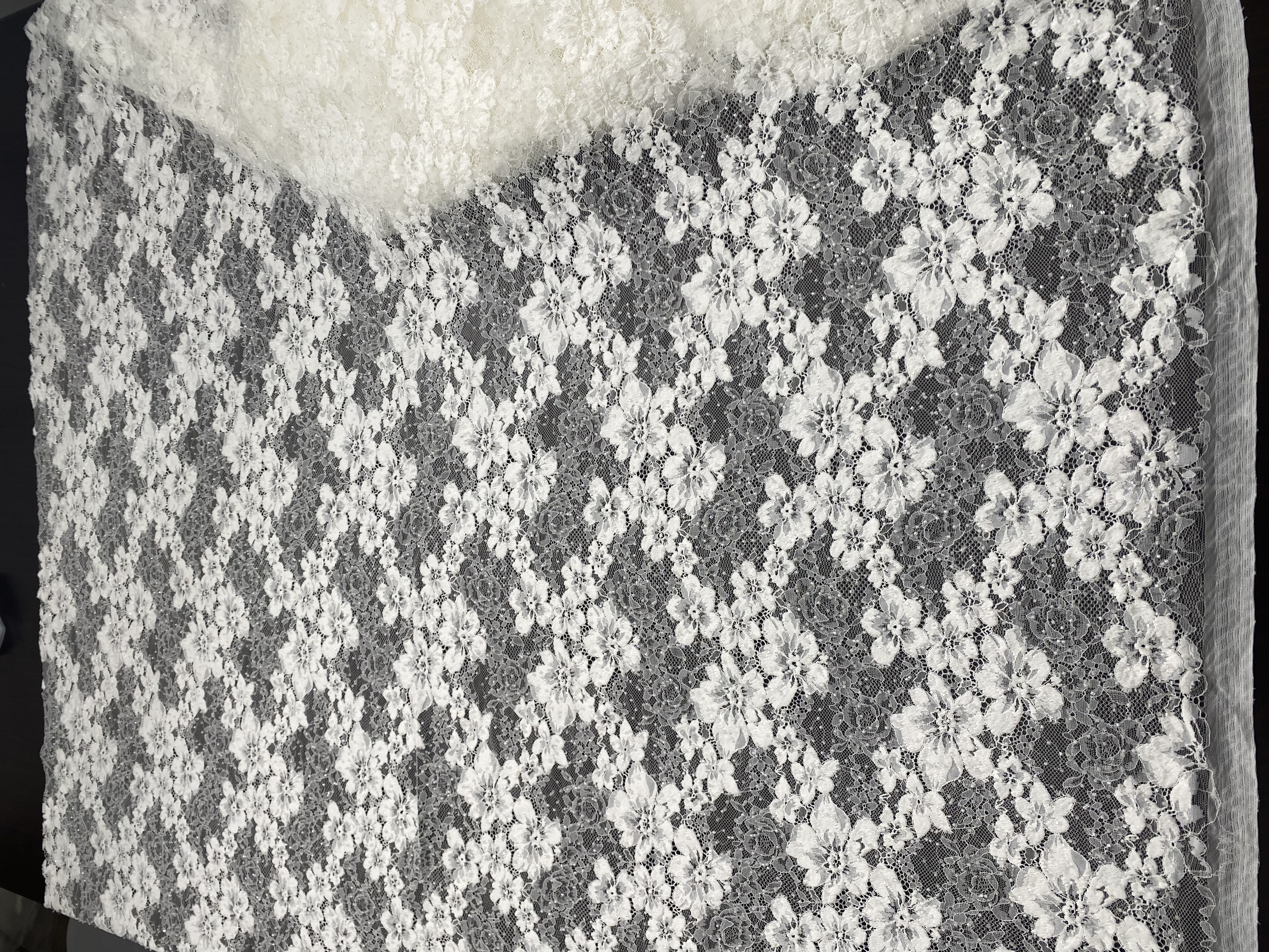 Beaded Flower Lace Fabric in Ivory, Embroidery Floral Tulle Fabric, Mesh Tulle Fabric for Wedding Dress, Bridal Lace Fabric, Sold By the Yard