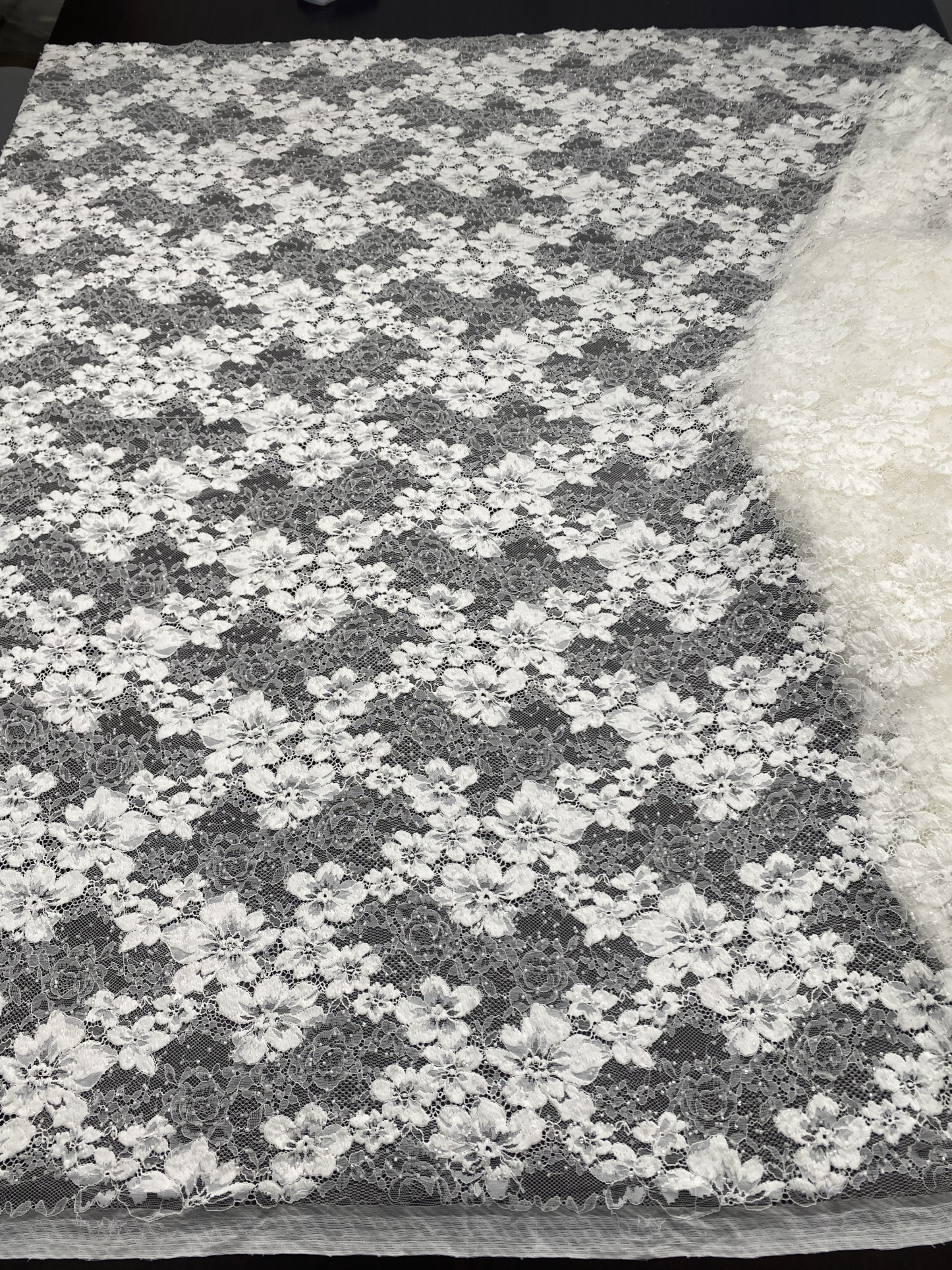 Beaded Flower Lace Fabric in Ivory, Embroidery Floral Tulle Fabric, Mesh Tulle Fabric for Wedding Dress, Bridal Lace Fabric, Sold By the Yard