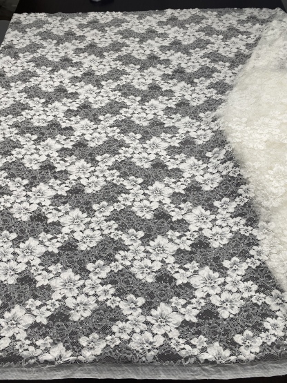 Beaded Flower Lace Fabric in Ivory, Embroidery Floral Tulle Fabric, Mesh Tulle Fabric for Wedding Dress, Bridal Lace Fabric, Sold By the Yard