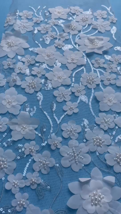 Ivory Fabric with Exquisite Flower Embroidery! Adorned by Pearls & Sparkling Sequins. Ideal for Wedding Dresses/Evening Wear—High-Quality Craft, Shop Now!