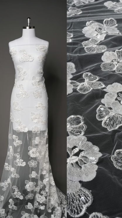  Fashion sparkling white floral lace wedding dress with sequin embroidery