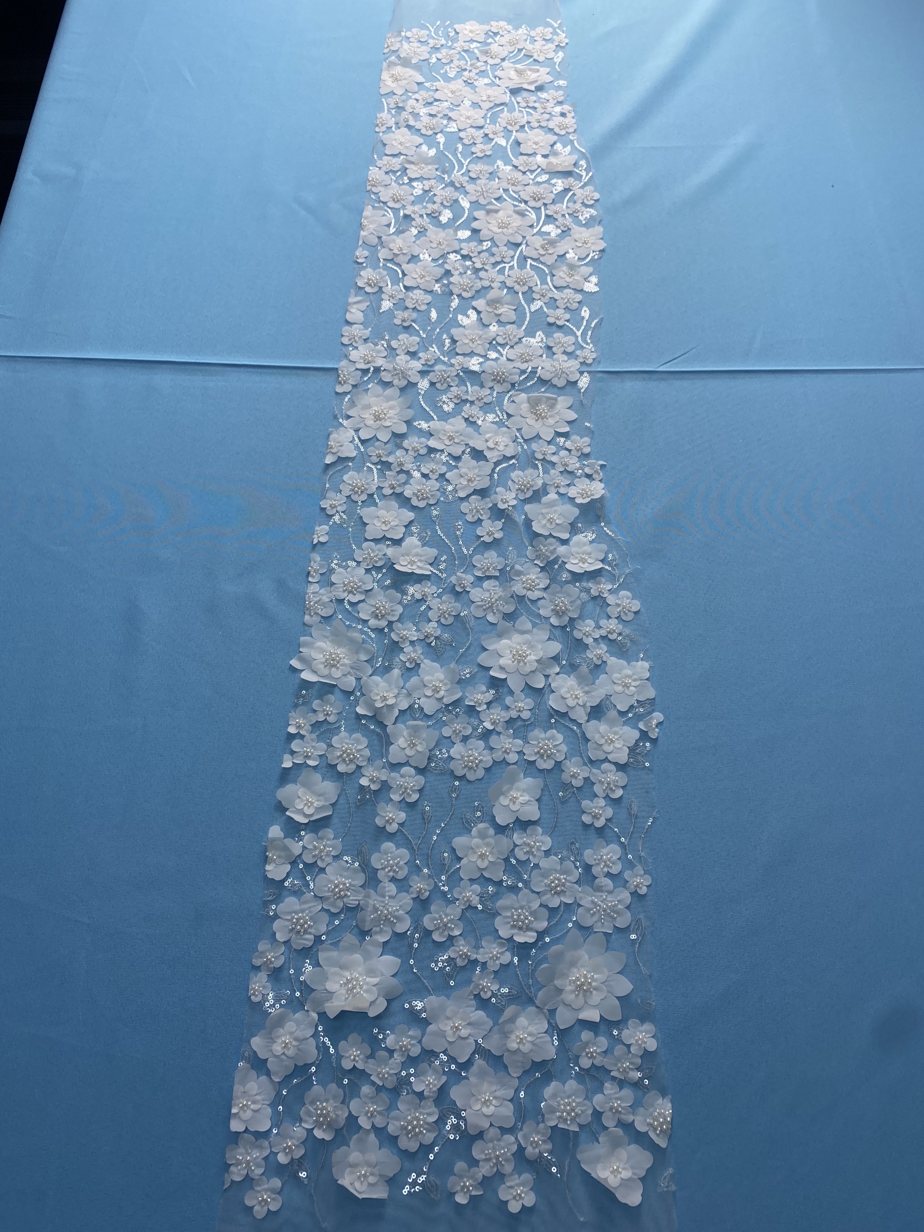 Ivory Fabric with Exquisite Flower Embroidery! Adorned by Pearls & Sparkling Sequins. Ideal for Wedding Dresses/Evening Wear—High-Quality Craft, Shop Now!