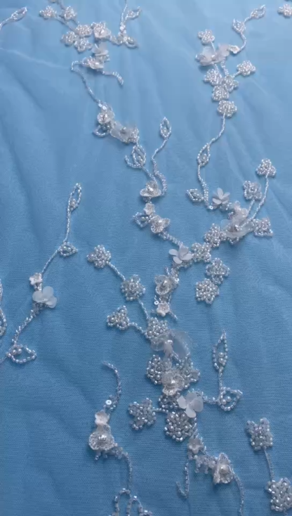 Exquisite Ivory Fabric! Embellished with Pearls, Sparkling Sequins & Delicate Embroidery. Ideal for Wedding Dresses/Chic Evening Wear—Premium Craftsmanship, Shop Now!